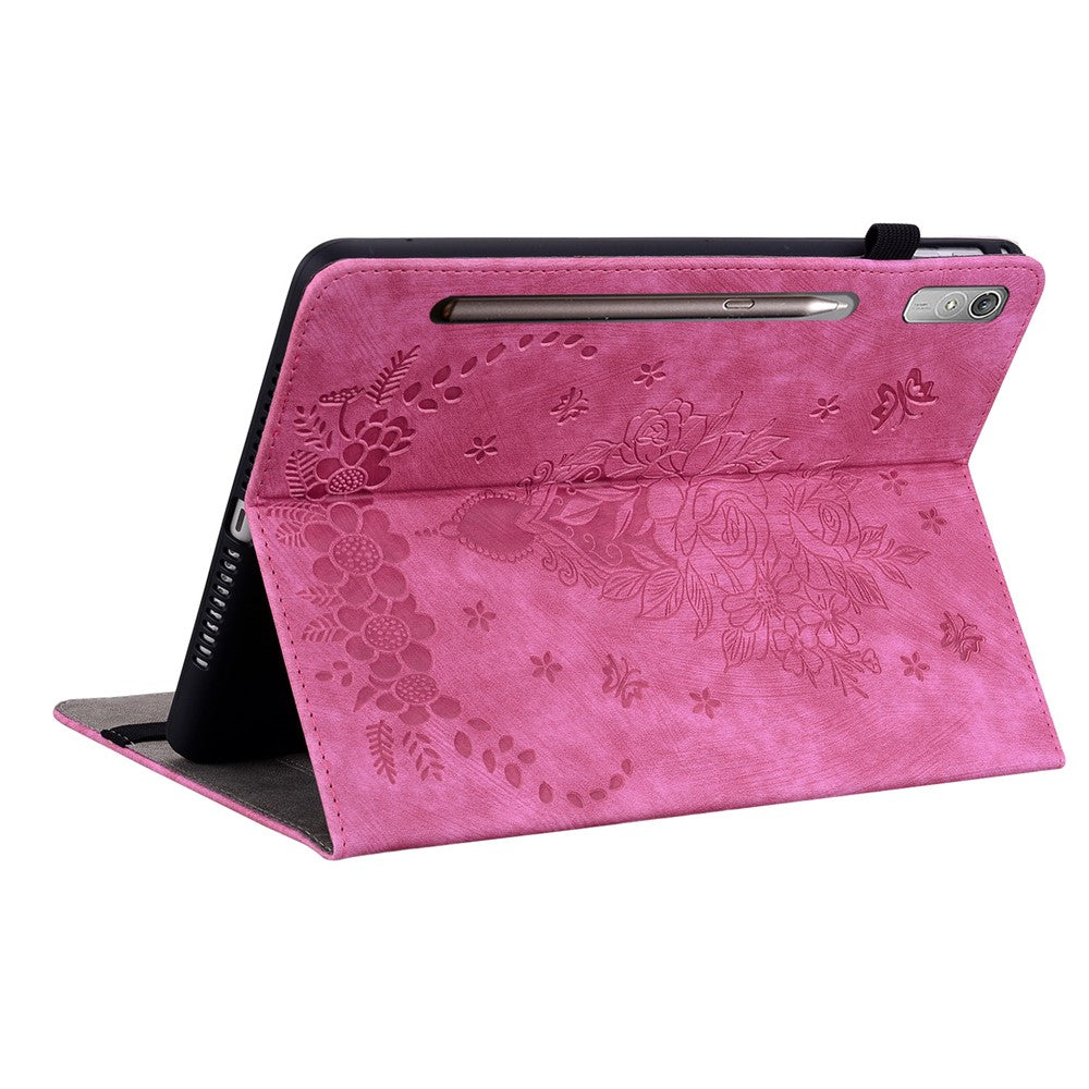 For Lenovo Tab P12 Tablet Cover PU Leather Card Holder Butterfly Rose Imprinted Case - Rose