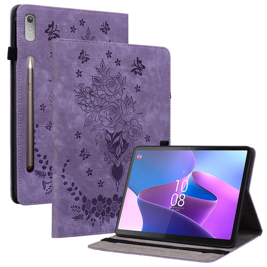 For Lenovo Tab P12 Tablet Cover PU Leather Card Holder Butterfly Rose Imprinted Case - Purple