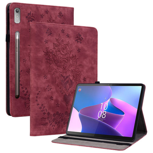 For Lenovo Tab P12 Tablet Cover PU Leather Card Holder Butterfly Rose Imprinted Case - Red