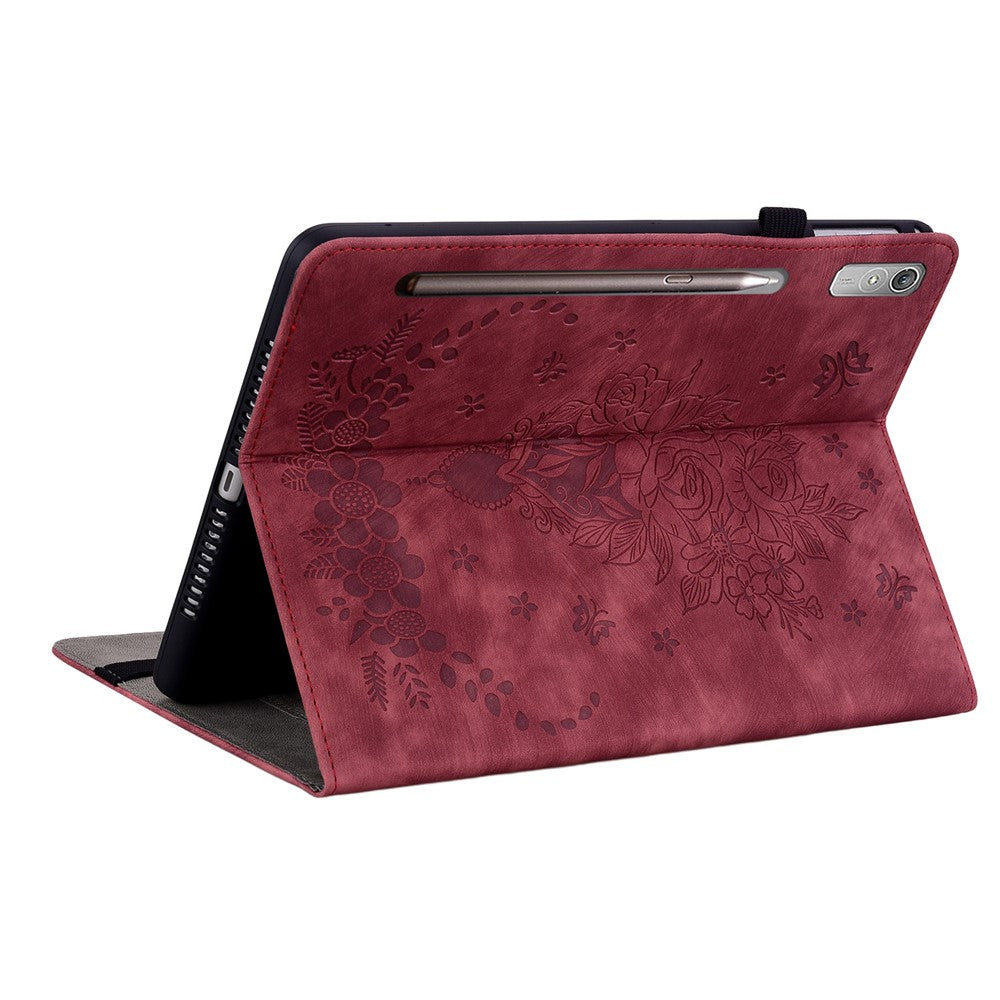 For Lenovo Tab P12 Tablet Cover PU Leather Card Holder Butterfly Rose Imprinted Case - Red
