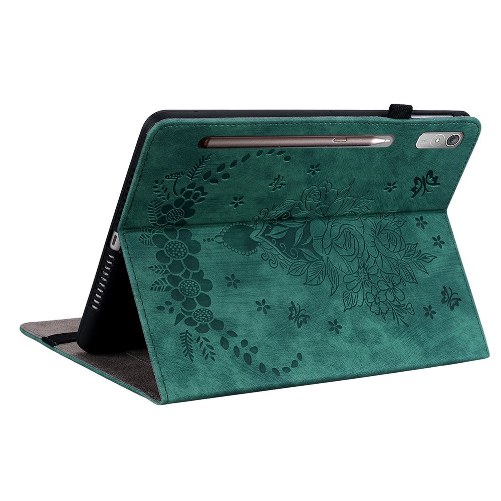 For Lenovo Tab P12 Tablet Cover PU Leather Card Holder Butterfly Rose Imprinted Case - Green