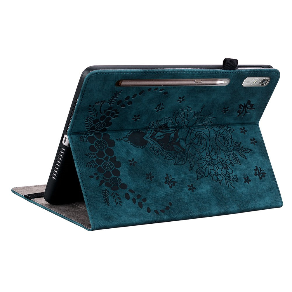 For Lenovo Tab P12 Tablet Cover PU Leather Card Holder Butterfly Rose Imprinted Case - Blue