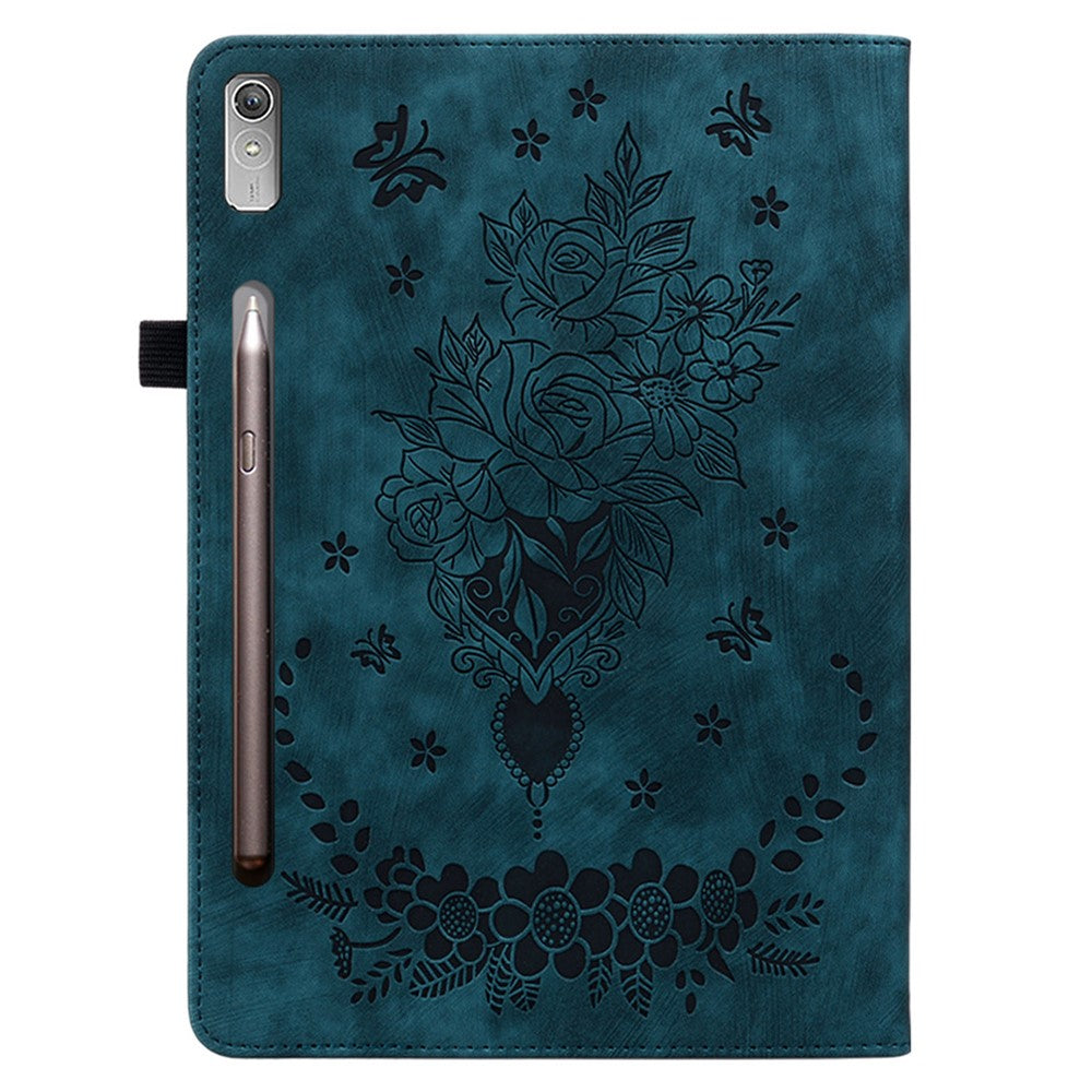 For Lenovo Tab P12 Tablet Cover PU Leather Card Holder Butterfly Rose Imprinted Case - Blue