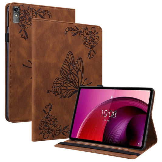 For Lenovo Tab M10 5G PU Leather Case Stand Card Holder Imprinted Tablet Cover - Brown