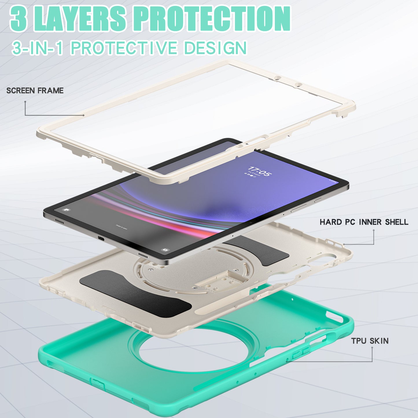 For Samsung Galaxy Tab S9 FE / S7 T870 / S8 X700 / S9 X710 Case PC+TPU Kickstand Tablet Cover with Pen Slot - Mint Green