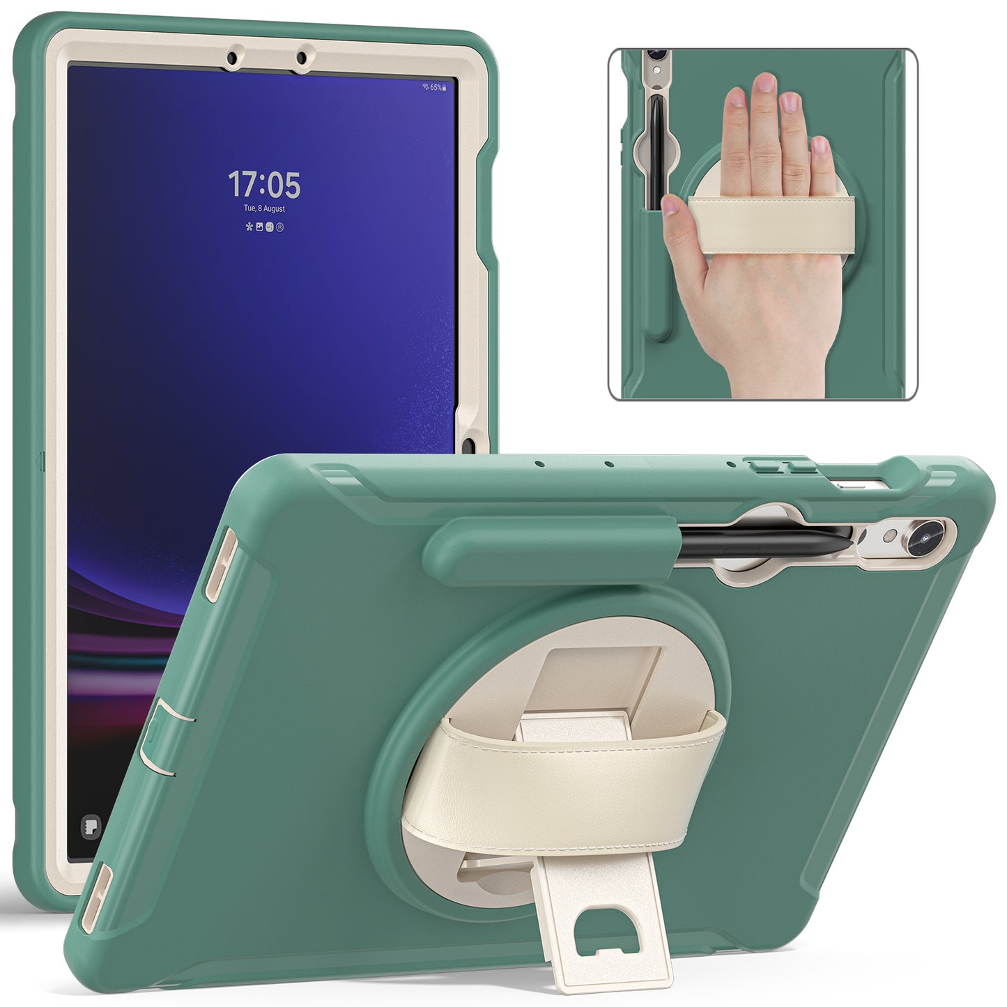 For Samsung Galaxy Tab S9 FE / S7 T870 / S8 X700 / S9 X710 Case PC+TPU Kickstand Tablet Cover with Pen Slot - Emerald Green