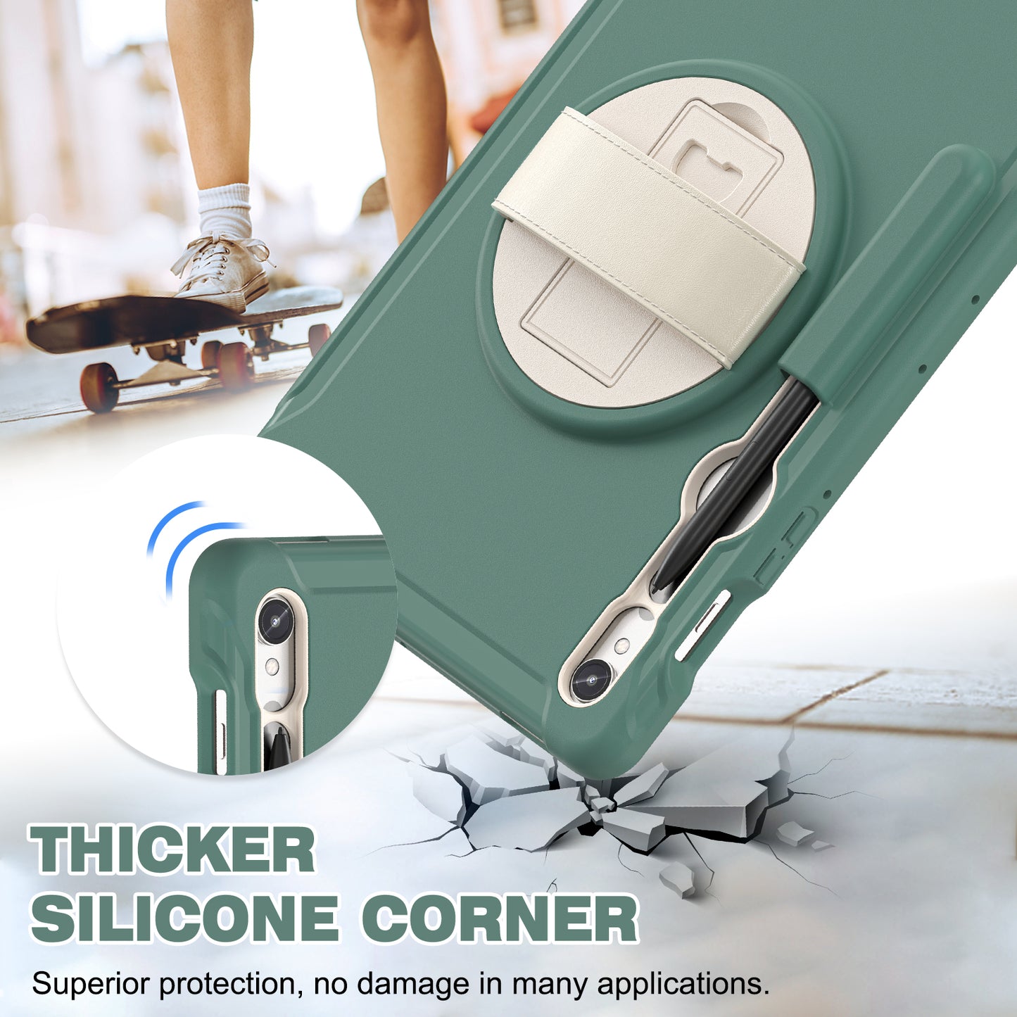 For Samsung Galaxy Tab S9 FE / S7 T870 / S8 X700 / S9 X710 Case PC+TPU Kickstand Tablet Cover with Pen Slot - Emerald Green