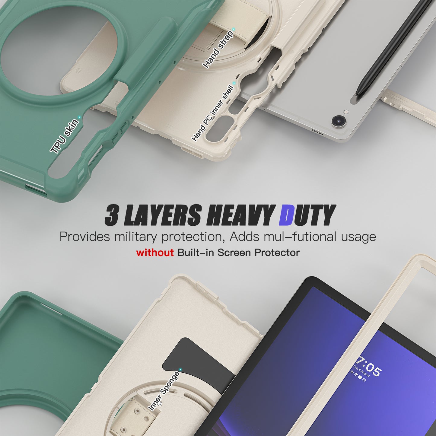 For Samsung Galaxy Tab S9 FE / S7 T870 / S8 X700 / S9 X710 Case PC+TPU Kickstand Tablet Cover with Pen Slot - Emerald Green