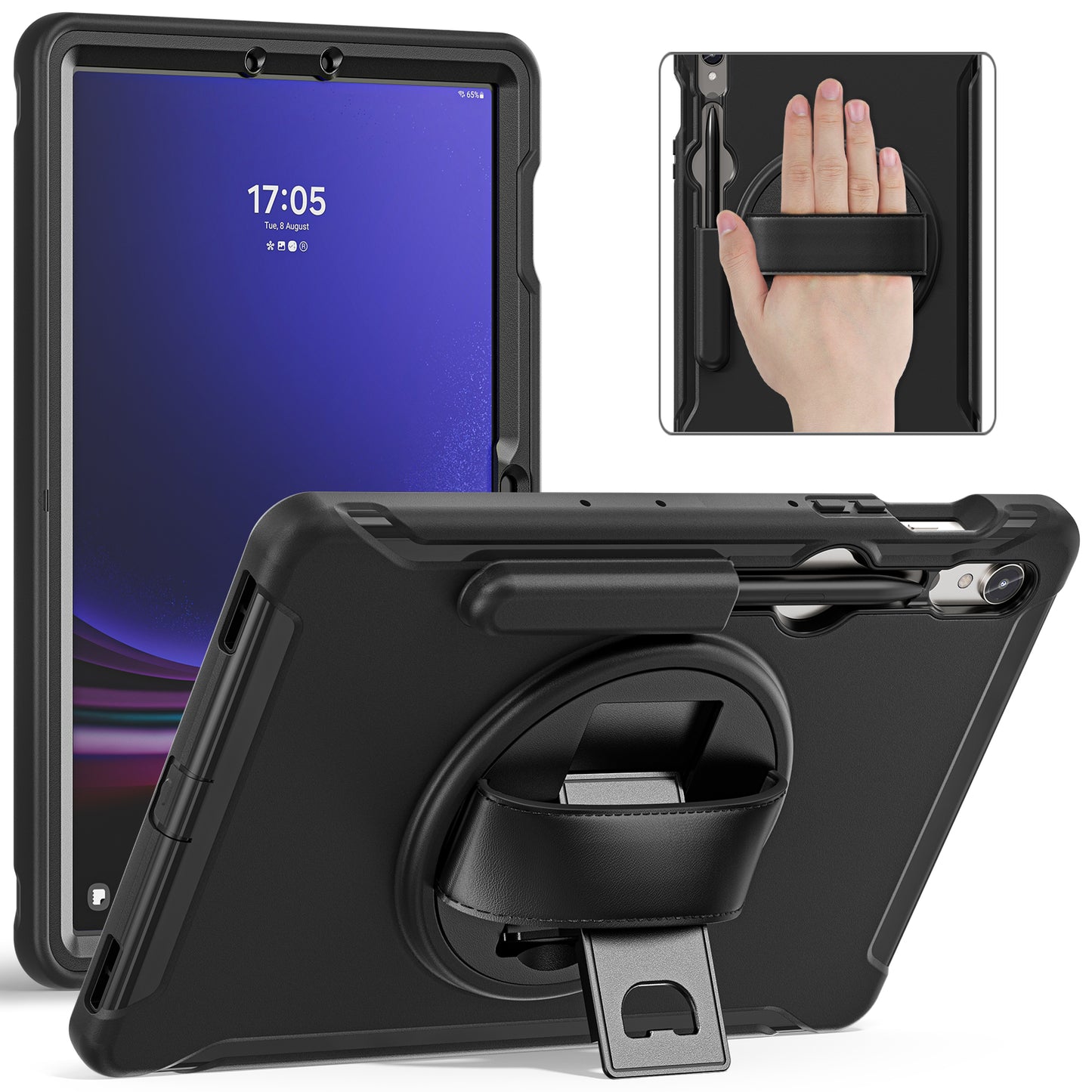 For Samsung Galaxy Tab S9 FE / S7 T870 / S8 X700 / S9 X710 Case PC+TPU Kickstand Tablet Cover with Pen Slot - Black