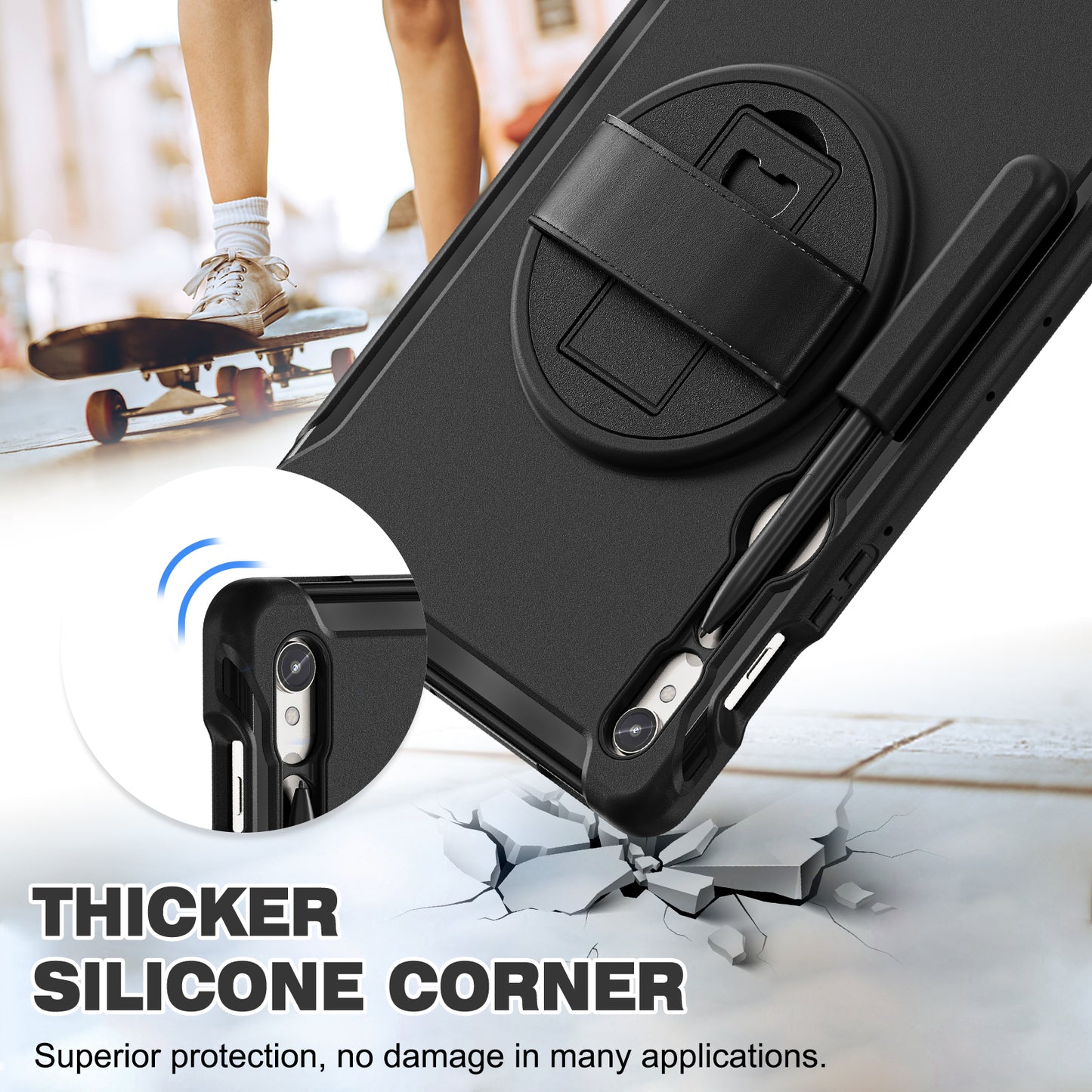 For Samsung Galaxy Tab S9 FE / S7 T870 / S8 X700 / S9 X710 Case PC+TPU Kickstand Tablet Cover with Pen Slot - Black