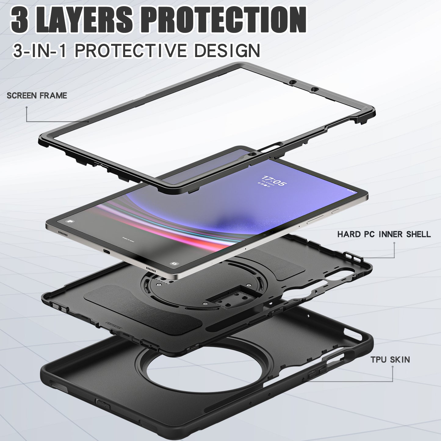 For Samsung Galaxy Tab S9 FE / S7 T870 / S8 X700 / S9 X710 Case PC+TPU Kickstand Tablet Cover with Pen Slot - Black