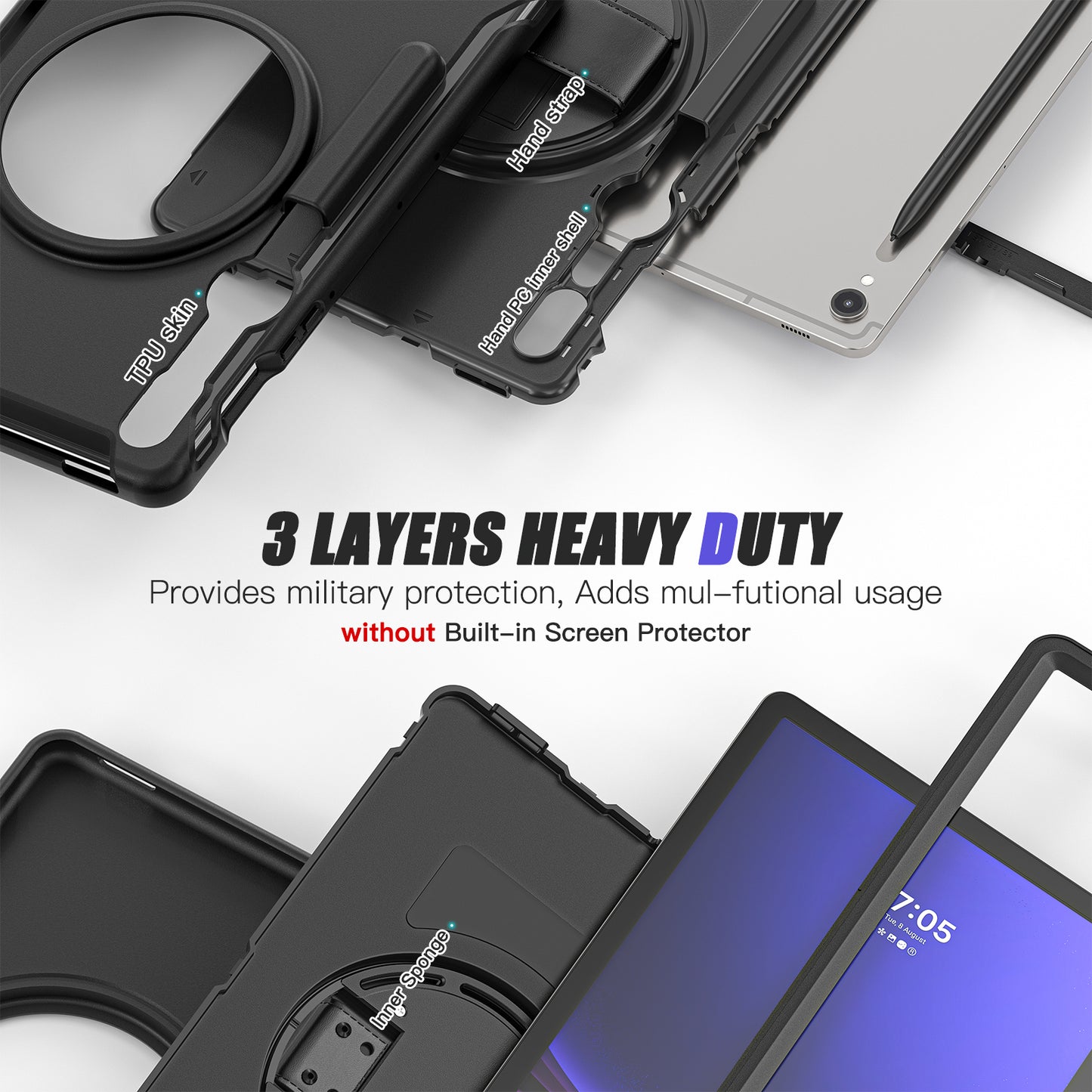 For Samsung Galaxy Tab S9 FE / S7 T870 / S8 X700 / S9 X710 Case PC+TPU Kickstand Tablet Cover with Pen Slot - Black