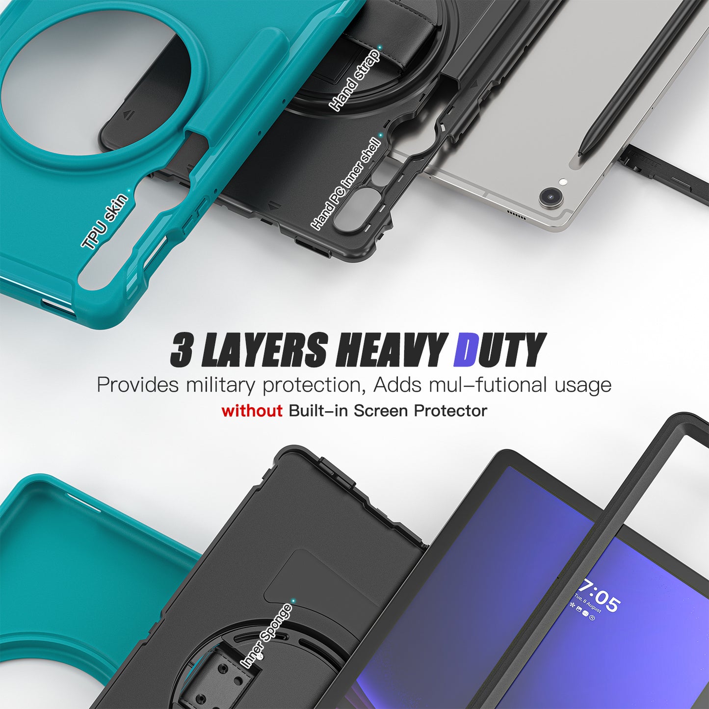 For Samsung Galaxy Tab S9 FE / S7 T870 / S8 X700 / S9 X710 Case PC+TPU Kickstand Tablet Cover with Pen Slot - Blue