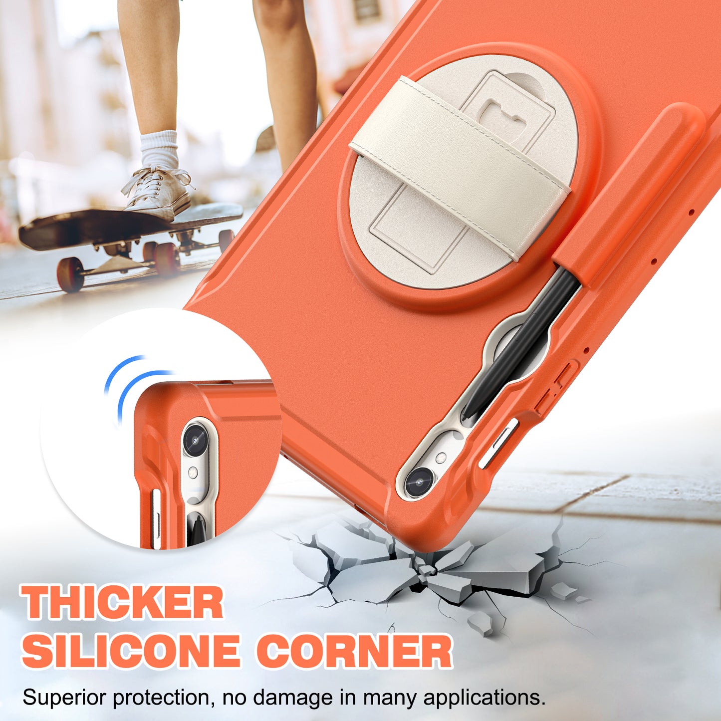 For Samsung Galaxy Tab S9 FE / S7 T870 / S8 X700 / S9 X710 Case PC+TPU Kickstand Tablet Cover with Pen Slot - Coral Orange