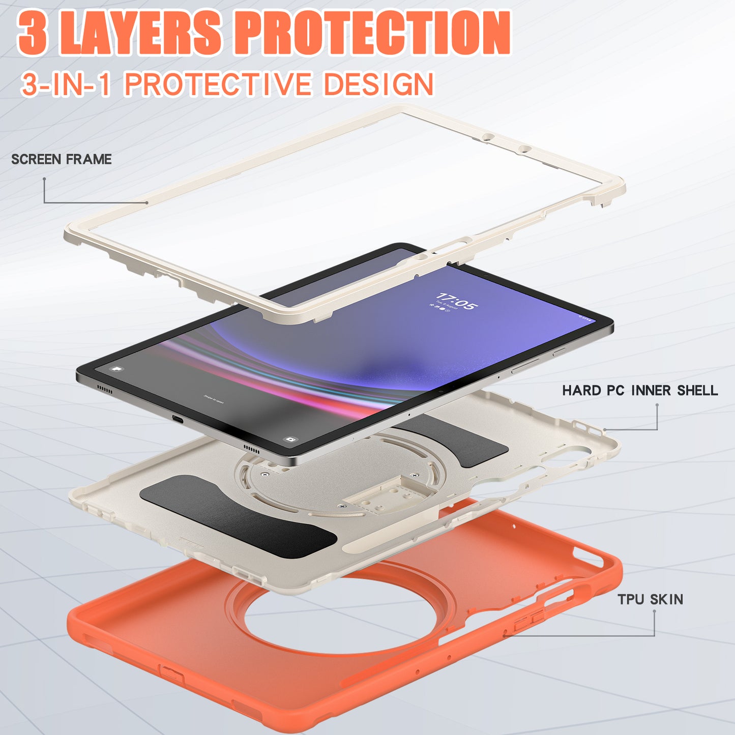 For Samsung Galaxy Tab S9 FE / S7 T870 / S8 X700 / S9 X710 Case PC+TPU Kickstand Tablet Cover with Pen Slot - Coral Orange