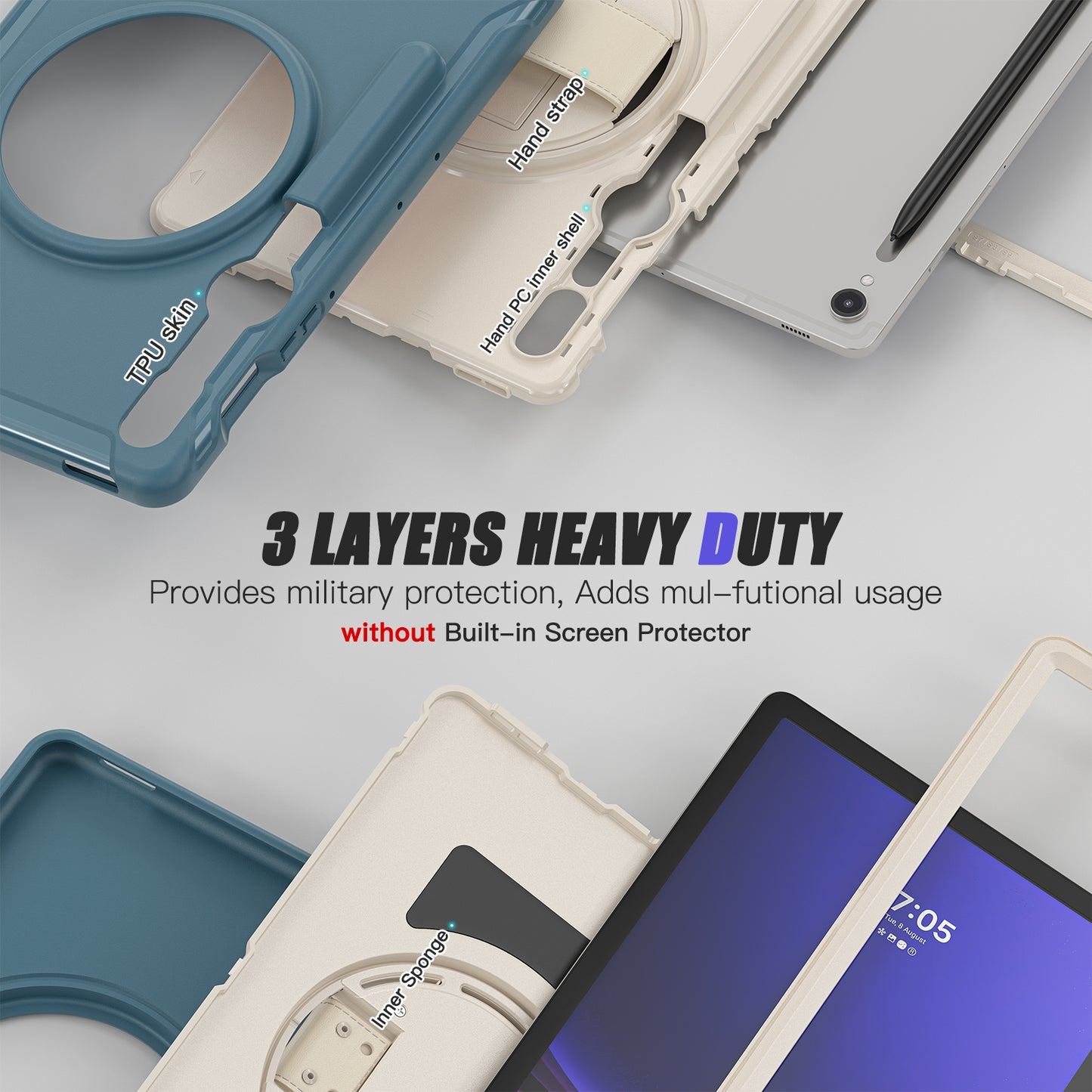 For Samsung Galaxy Tab S9 FE / S7 T870 / S8 X700 / S9 X710 Case PC+TPU Kickstand Tablet Cover with Pen Slot - Cornflower Blue