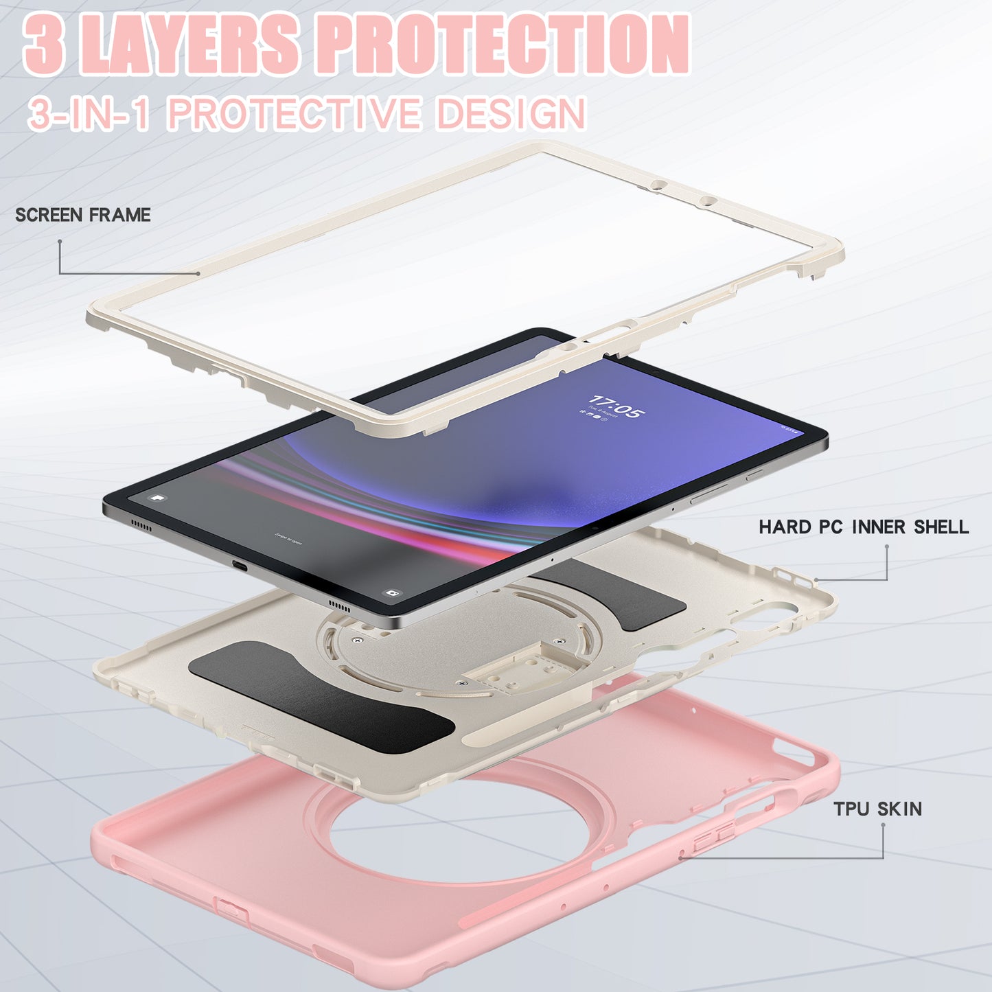 For Samsung Galaxy Tab S9 FE / S7 T870 / S8 X700 / S9 X710 Case PC+TPU Kickstand Tablet Cover with Pen Slot - Cherry Blossoms Pink