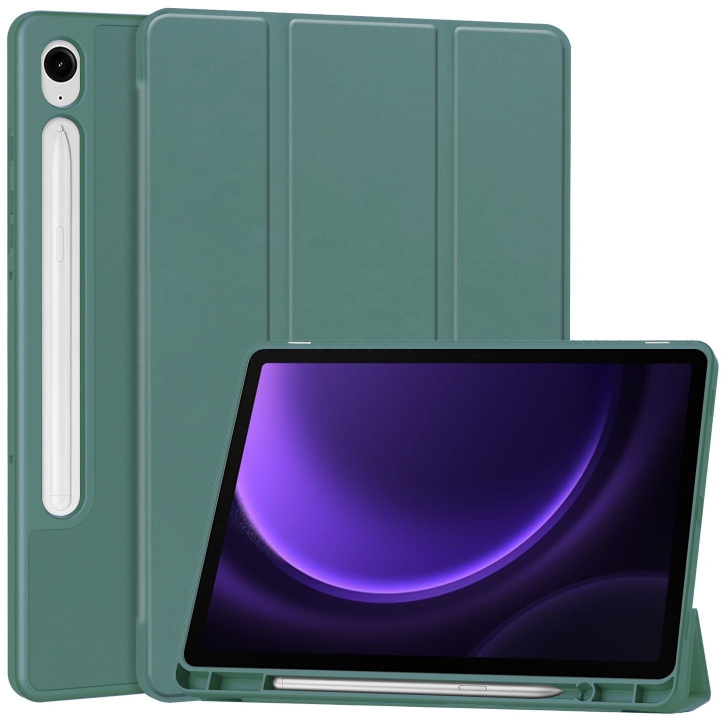 For Samsung Galaxy Tab S9 FE Leather Case Tri-fold Stand Pen Slot Tablet Cover - Blackish Green