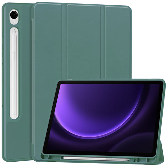 For Samsung Galaxy Tab S9 FE Leather Case Tri-fold Stand Pen Slot Tablet Cover - Blackish Green
