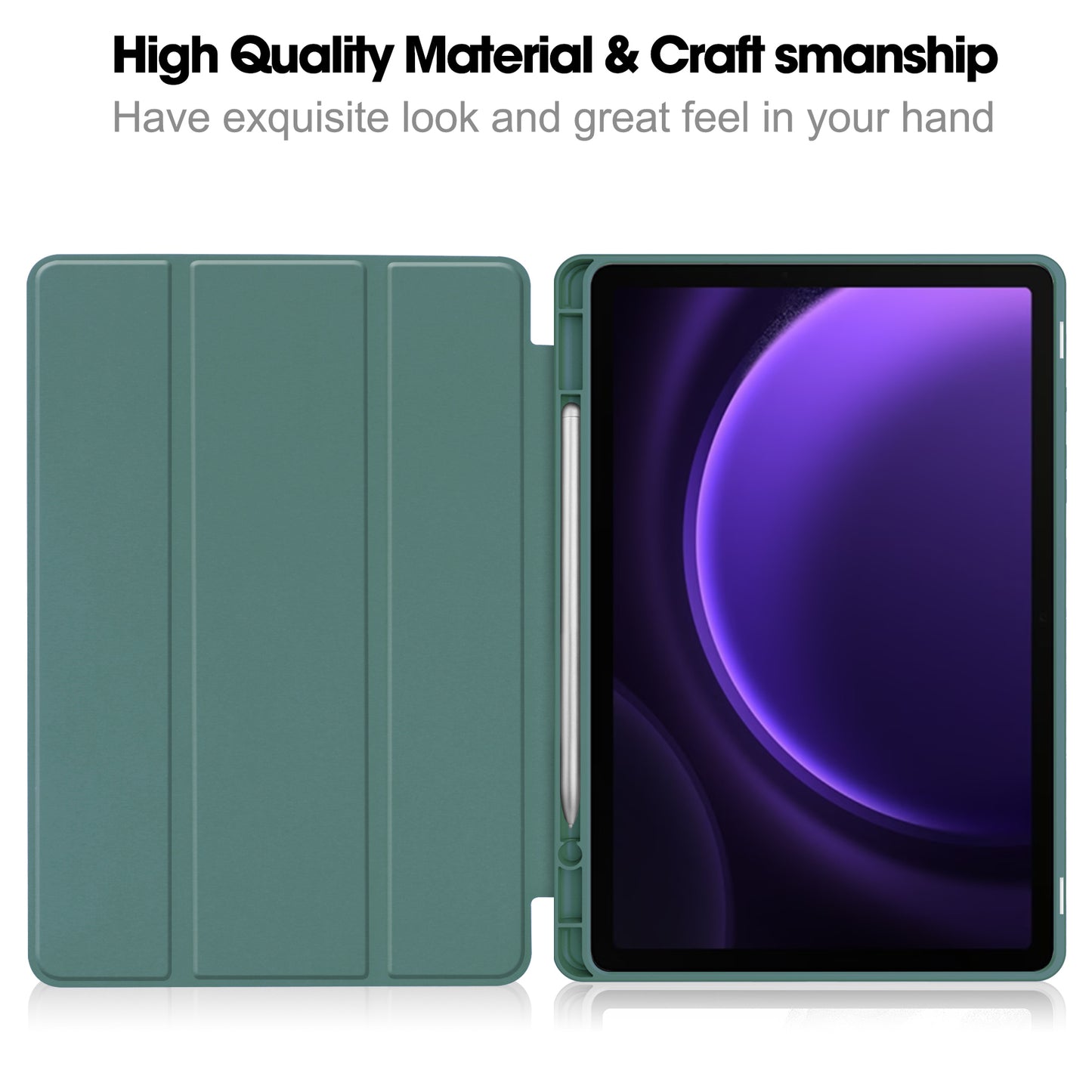 For Samsung Galaxy Tab S9 FE Leather Case Tri-fold Stand Pen Slot Tablet Cover - Blackish Green