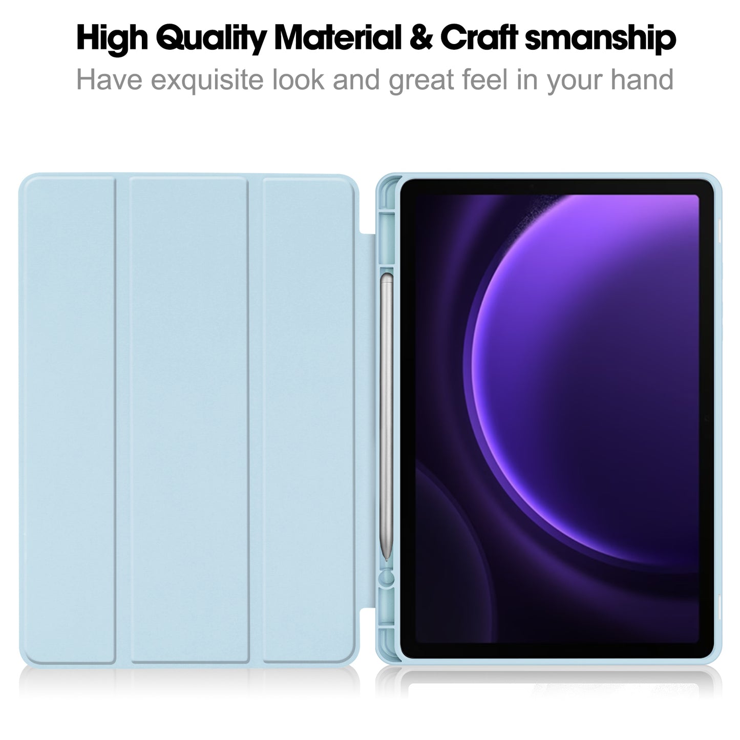 For Samsung Galaxy Tab S9 FE Leather Case Tri-fold Stand Pen Slot Tablet Cover - Sky Blue