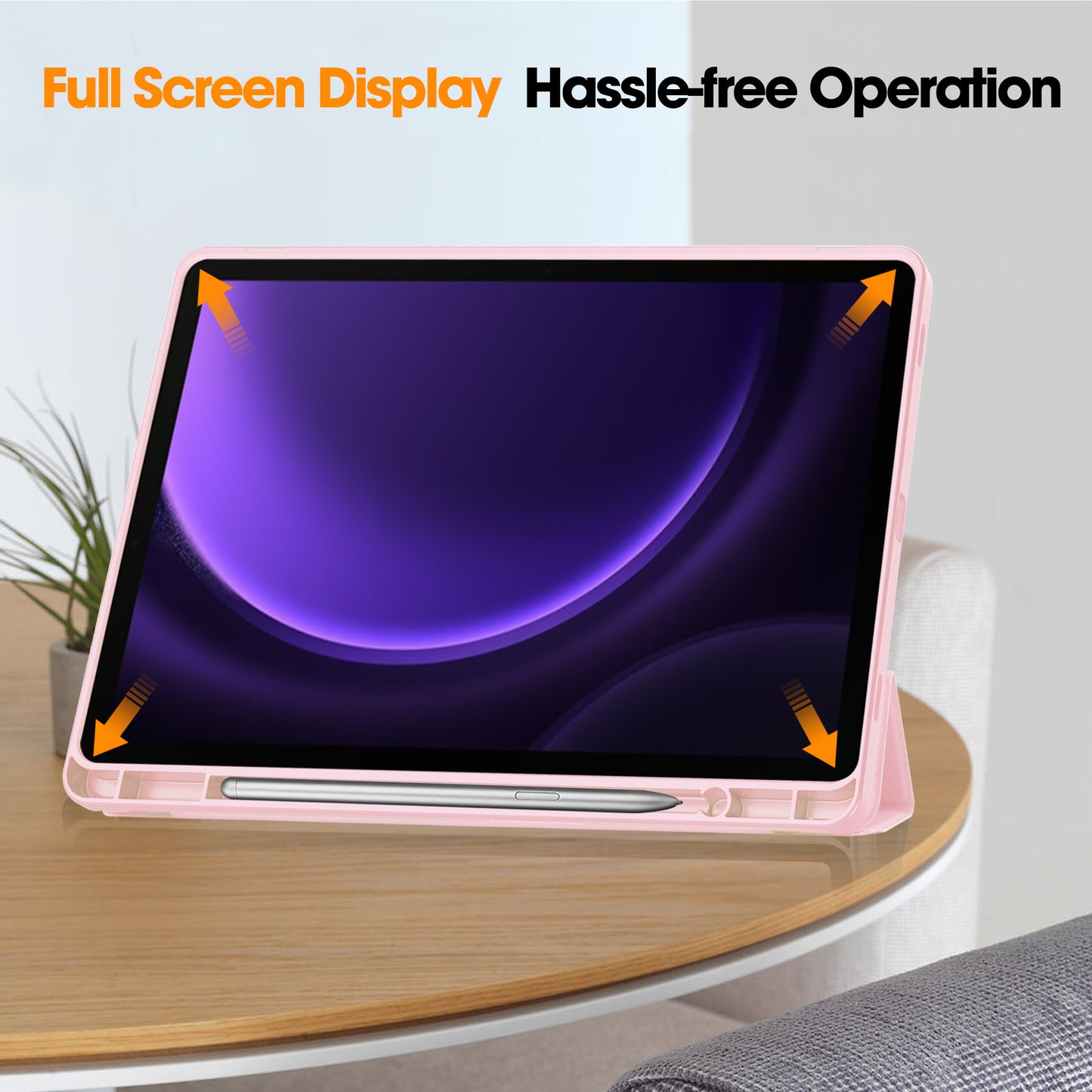 For Samsung Galaxy Tab S9 FE Leather Case Tri-fold Stand Pen Slot Tablet Cover - Pink