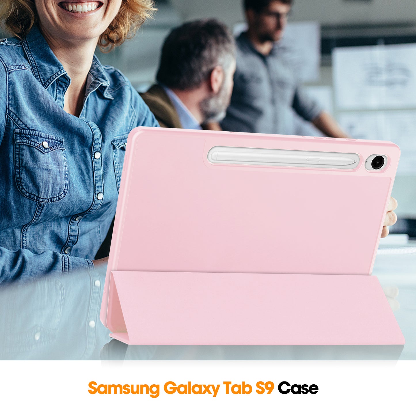 For Samsung Galaxy Tab S9 FE Leather Case Tri-fold Stand Pen Slot Tablet Cover - Pink