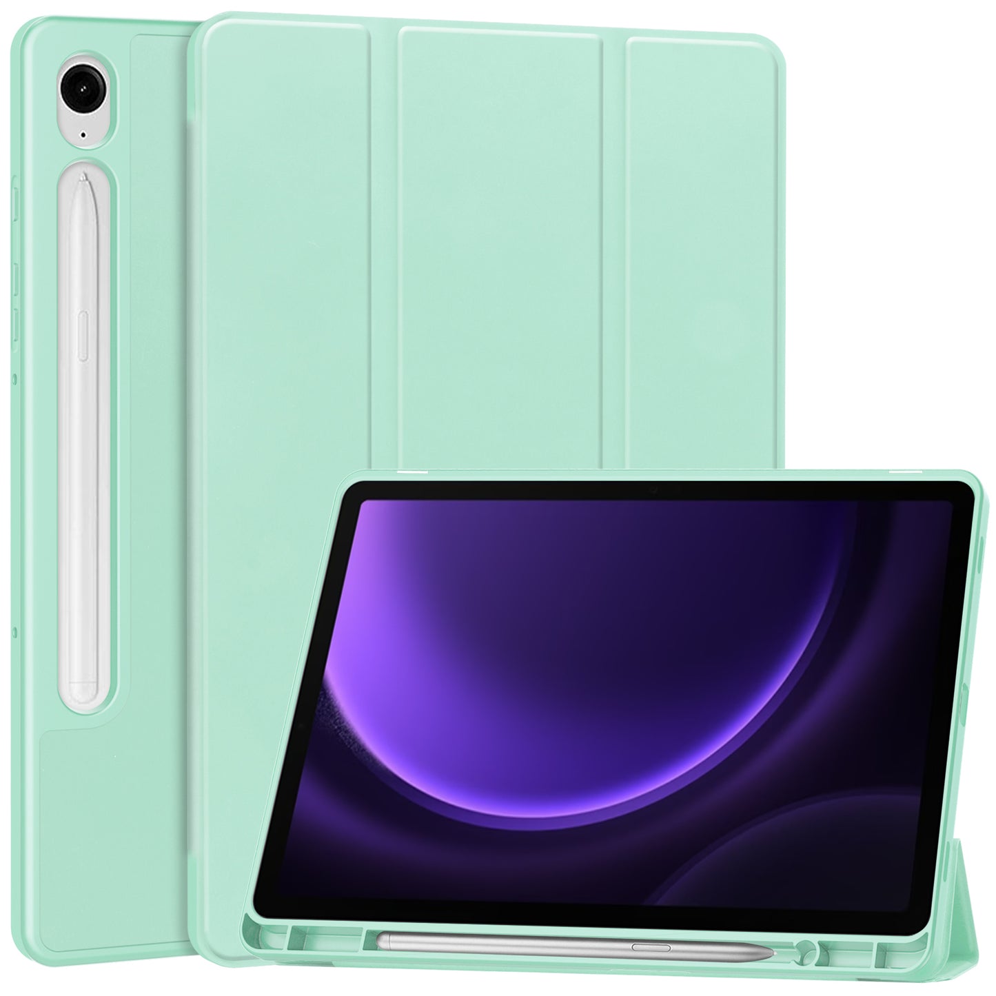 For Samsung Galaxy Tab S9 FE Leather Case Tri-fold Stand Pen Slot Tablet Cover - Mint Green