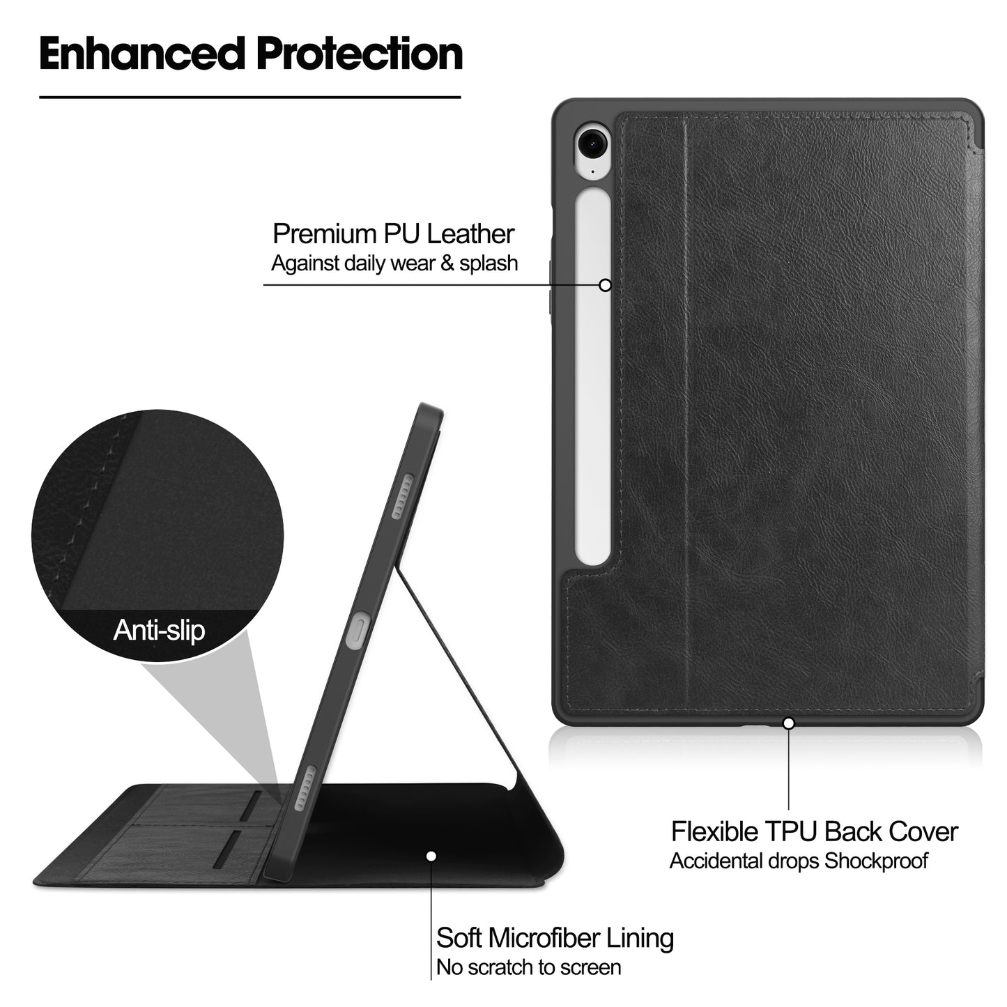 For Samsung Galaxy Tab S9 FE Leather Business Folio Cover Smart Tablet Case with Card Holder - Black