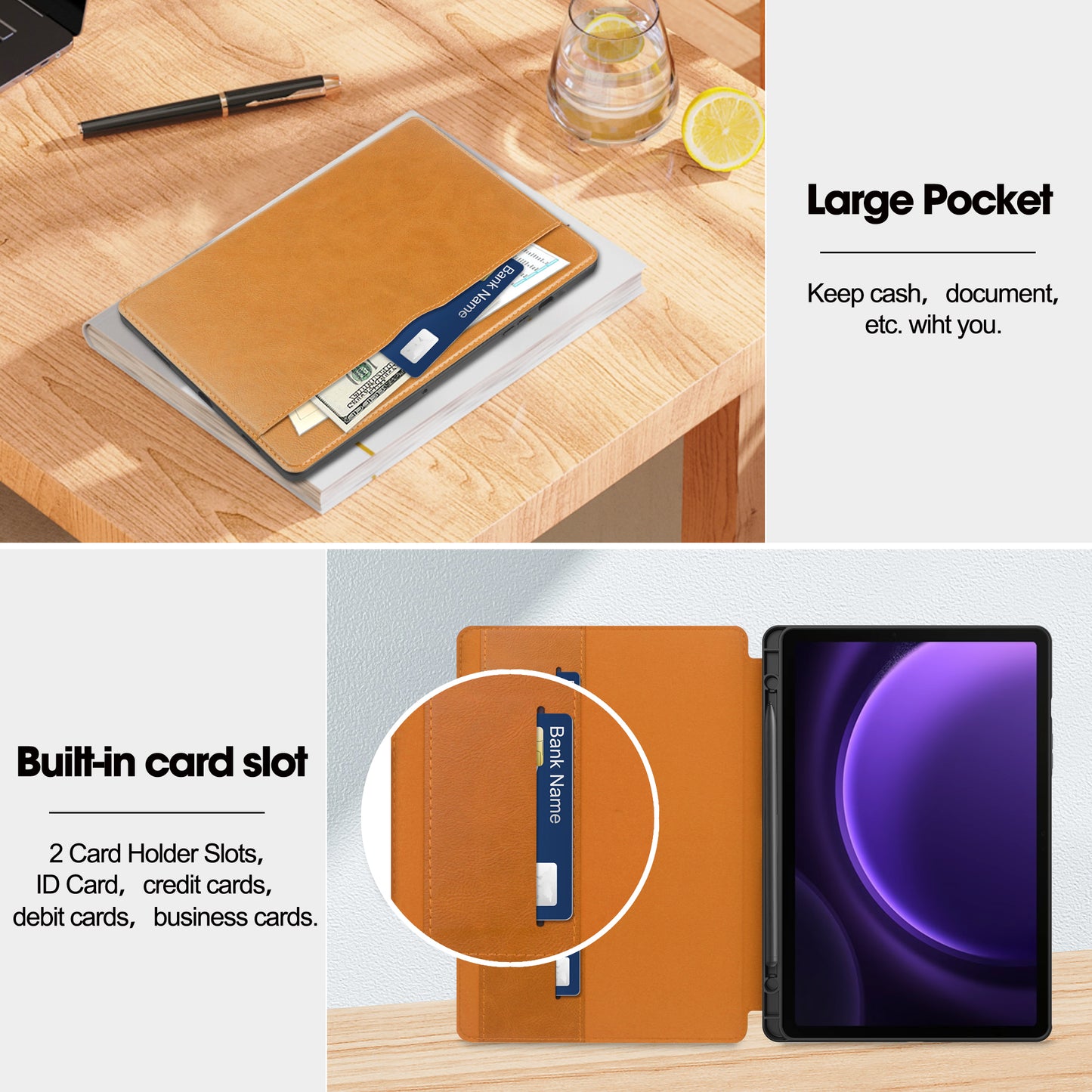 For Samsung Galaxy Tab S9 FE Leather Business Folio Cover Smart Tablet Case with Card Holder - Brown