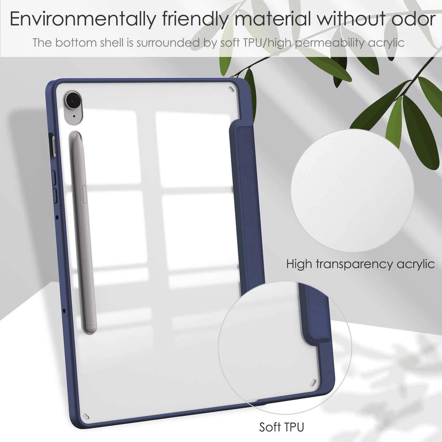 For Samsung Galaxy Tab S9 FE Tablet Case Leather+TPU+Acrylic Stand Cover with Pen Slot - Dark Blue