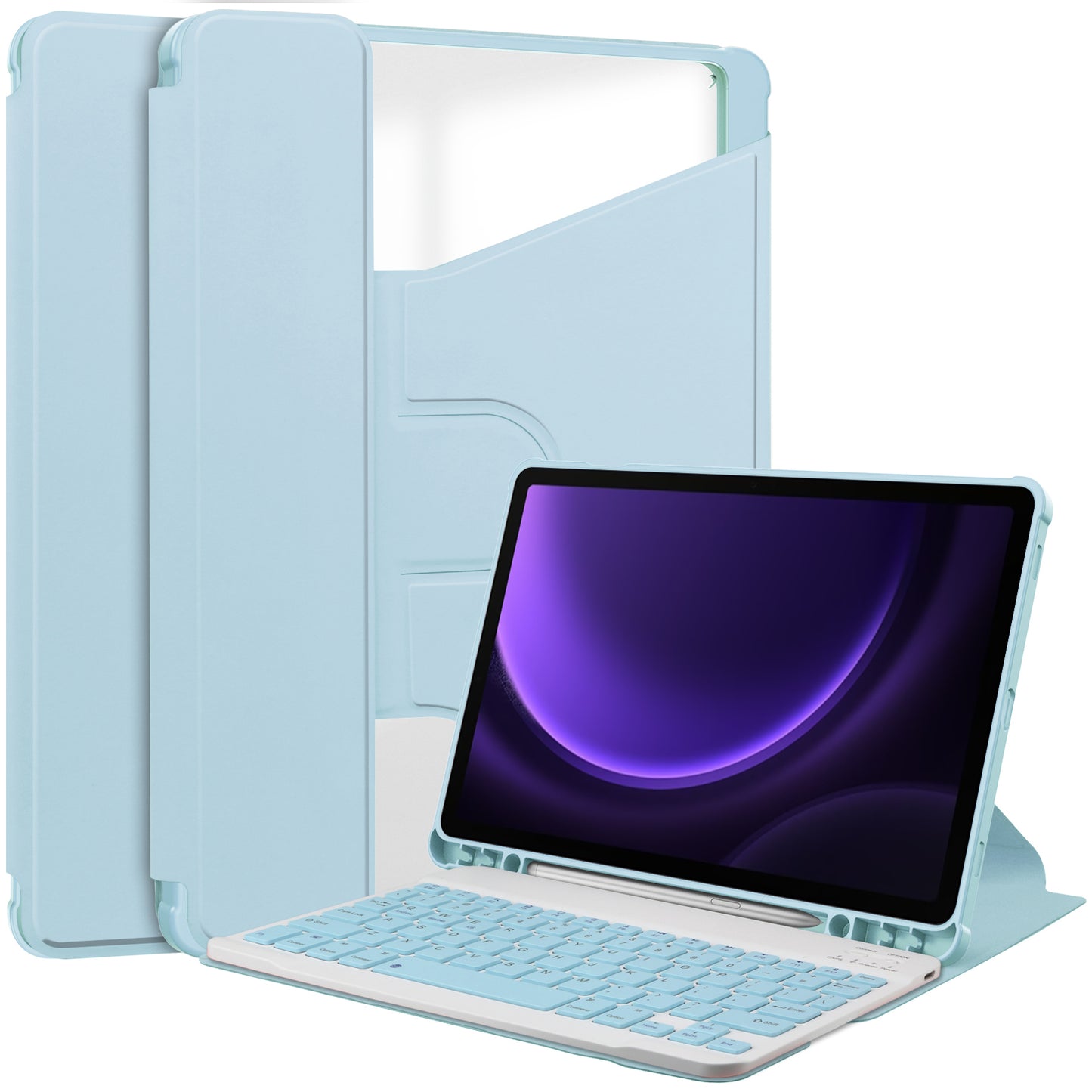 For Samsung Galaxy Tab S9 FE Case Leather+Acrylic Rotary Stand Cover with Bluetooth Keyboard - Sky Blue