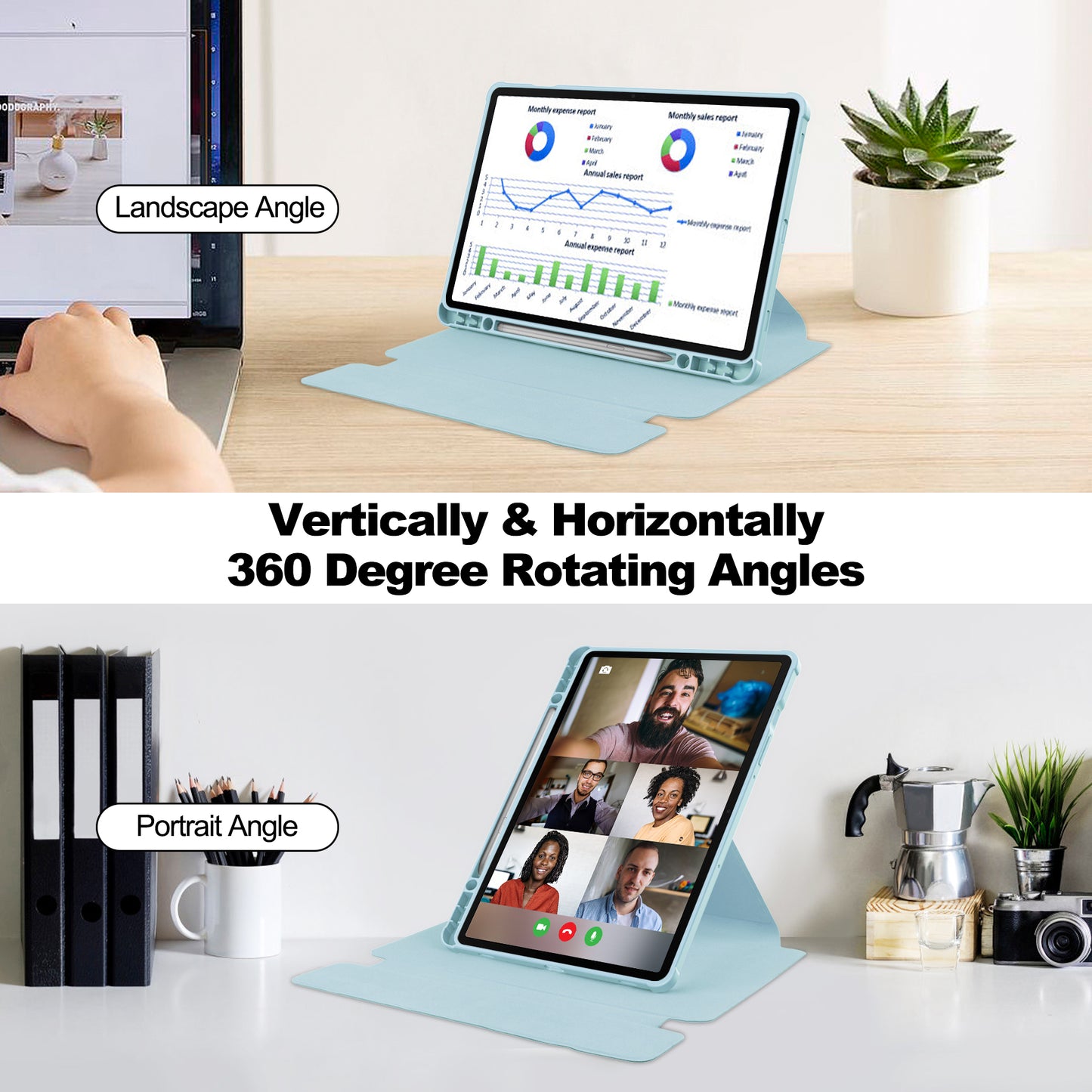 For Samsung Galaxy Tab S9 FE Case Leather+Acrylic Rotary Stand Cover with Bluetooth Keyboard - Sky Blue