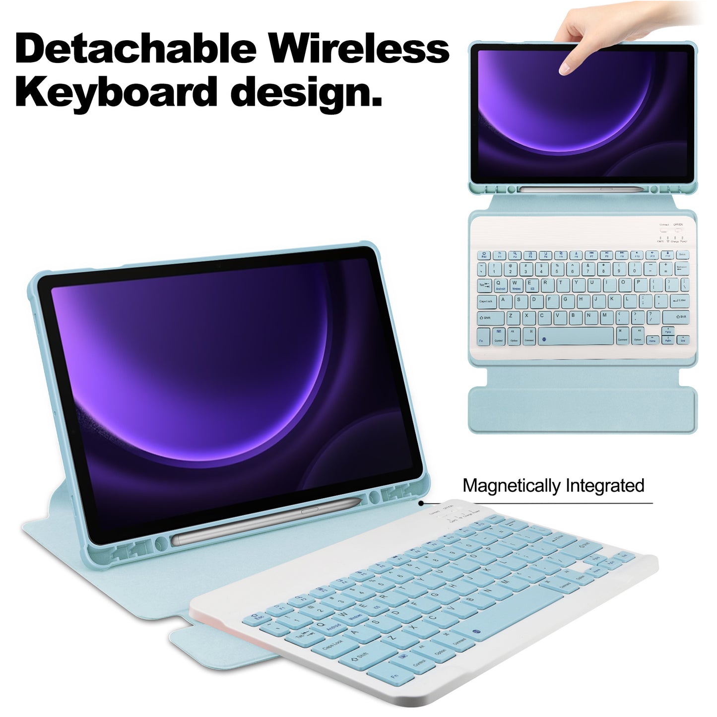 For Samsung Galaxy Tab S9 FE Case Leather+Acrylic Rotary Stand Cover with Bluetooth Keyboard - Sky Blue