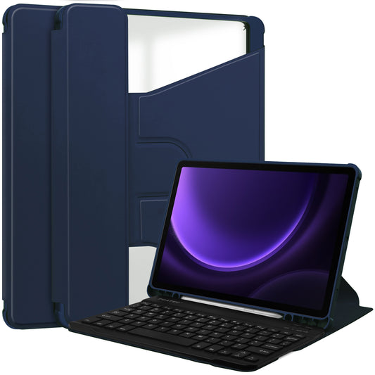 For Samsung Galaxy Tab S9 FE Case Leather+Acrylic Rotary Stand Cover with Bluetooth Keyboard - Dark Blue