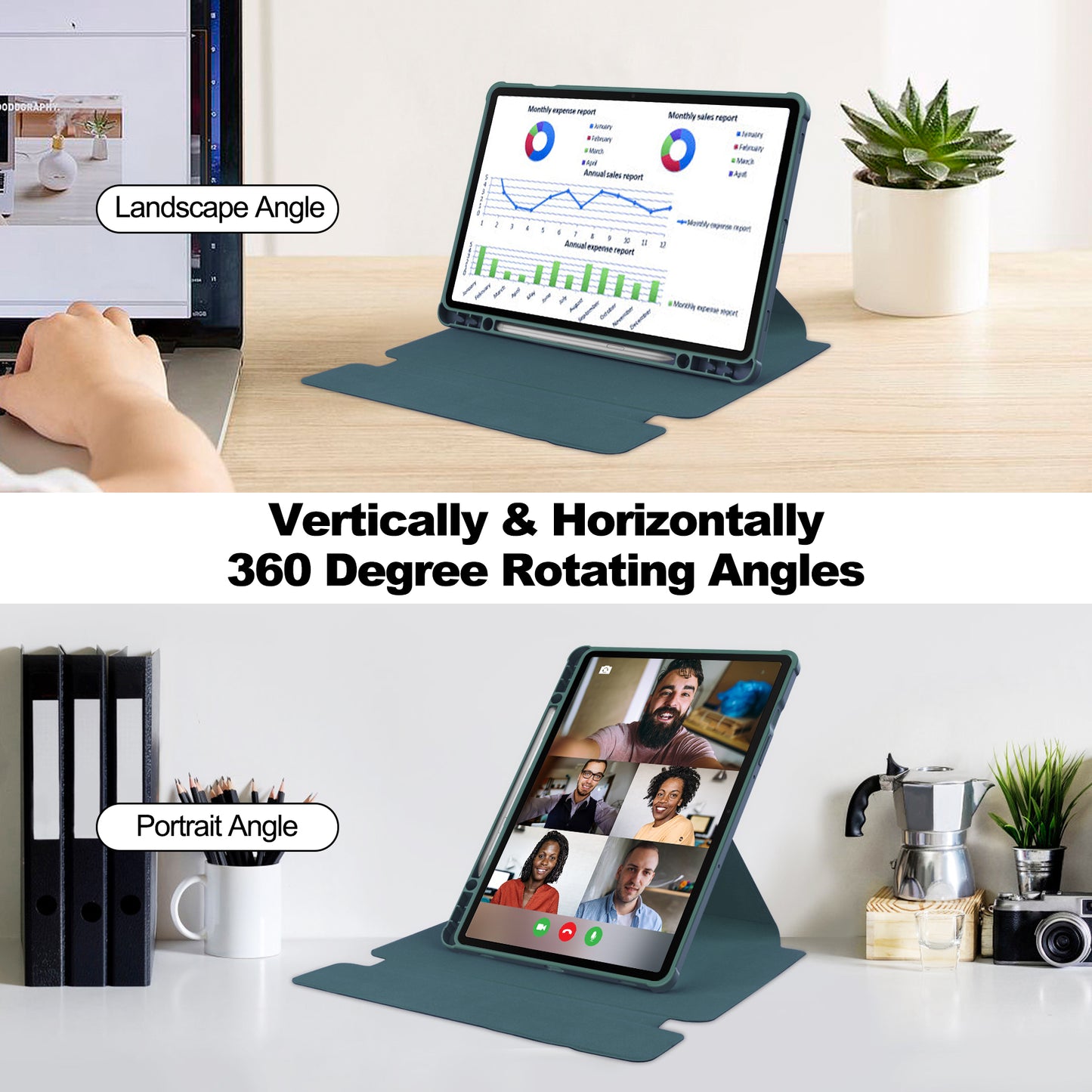 For Samsung Galaxy Tab S9 FE+ Case Rotating Stand Tablet Cover (without Keyboard) - Blackish Green