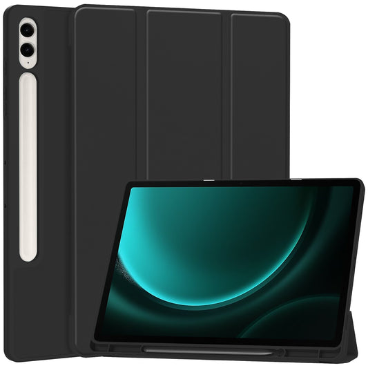 For Samsung Galaxy Tab S9 FE+ Case Tri-fold Stand Pen Slot Tablet Leather Cover - Black