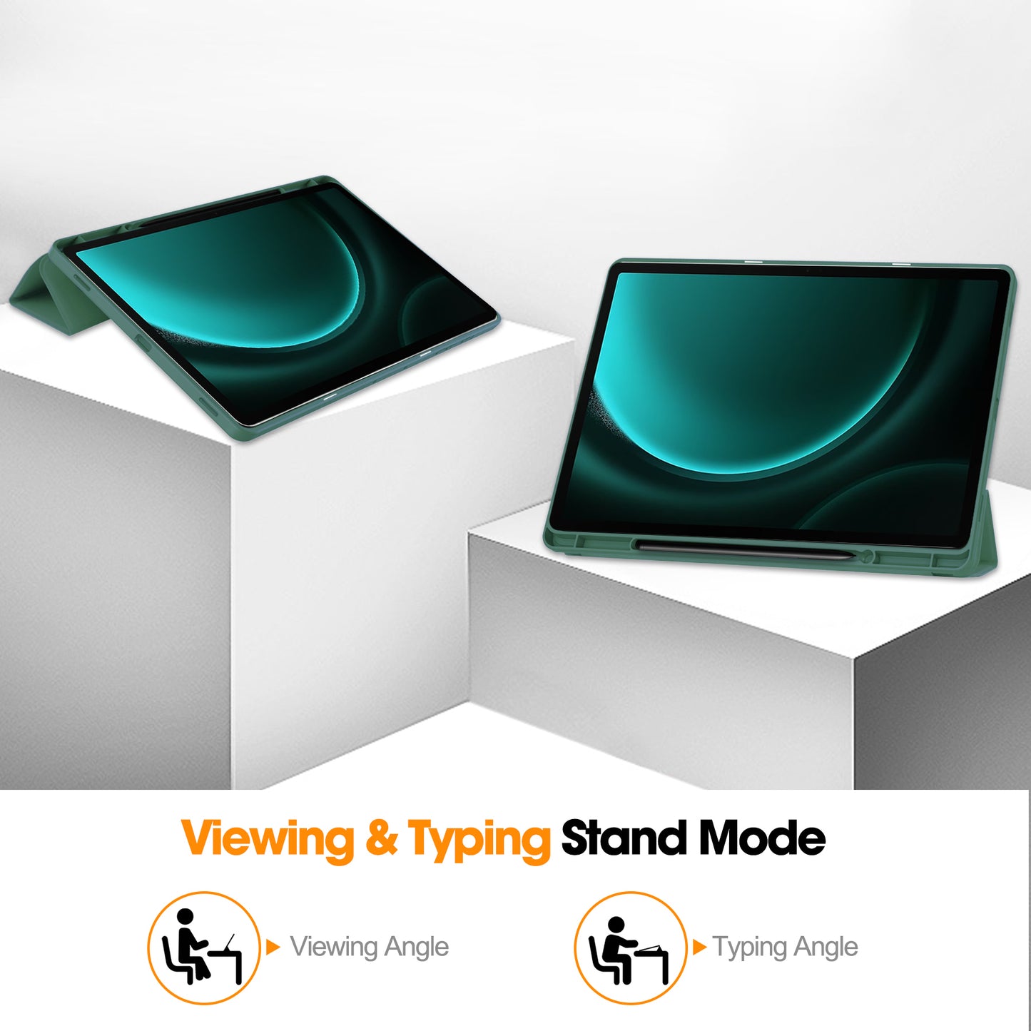 For Samsung Galaxy Tab S9 FE+ Case Tri-fold Stand Pen Slot Tablet Leather Cover - Blackish Green