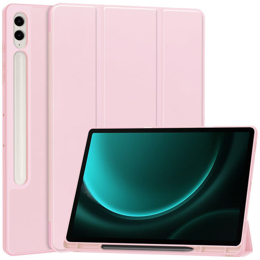 For Samsung Galaxy Tab S9 FE+ Case Tri-fold Stand Pen Slot Tablet Leather Cover - Pink