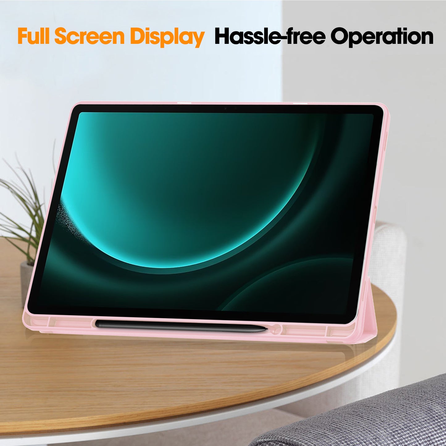 For Samsung Galaxy Tab S9 FE+ Case Tri-fold Stand Pen Slot Tablet Leather Cover - Pink