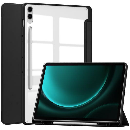 For Samsung Galaxy Tab S9 FE+ Clear Case Pen Slot Tablet Tri-fold Stand Cover - Black
