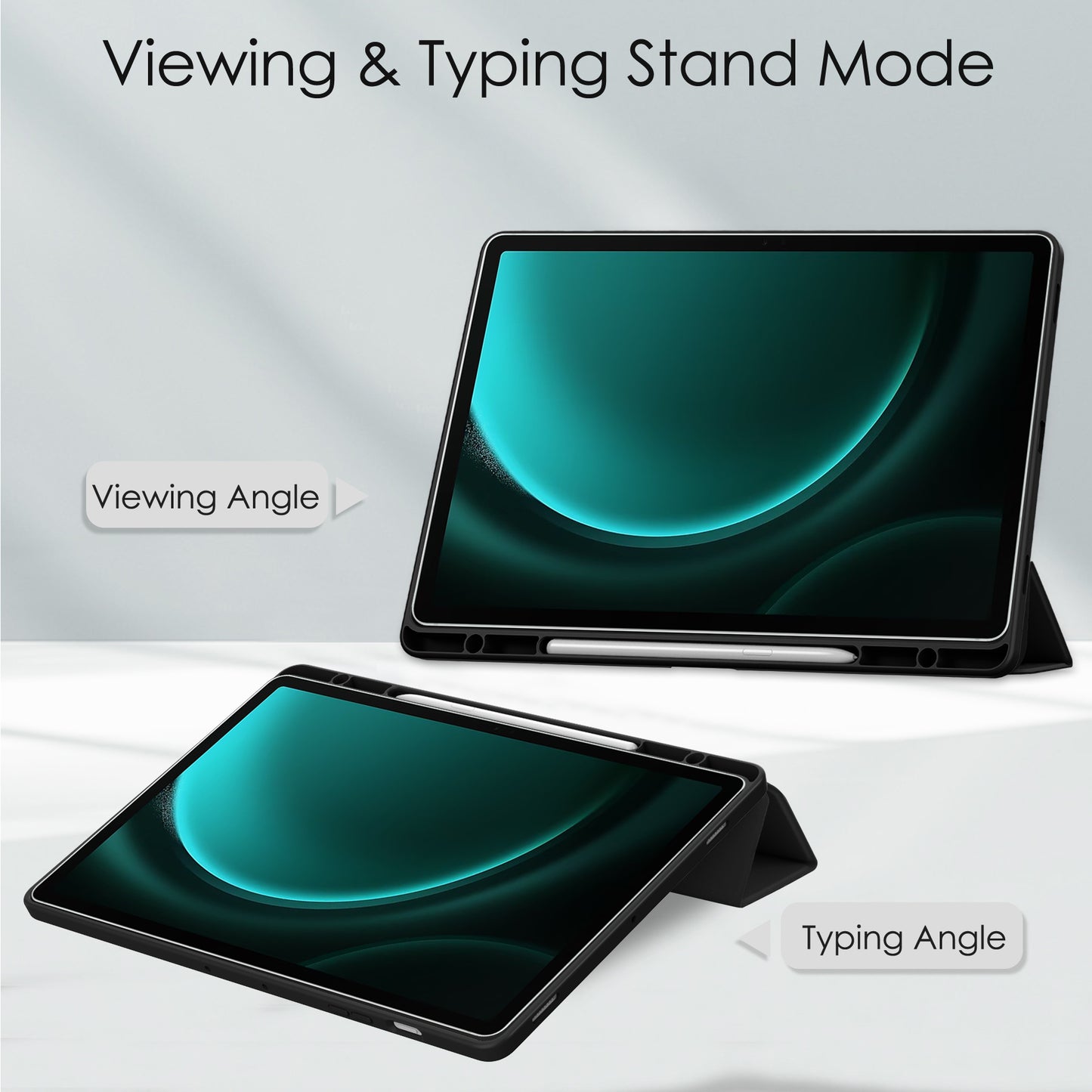For Samsung Galaxy Tab S9 FE+ Clear Case Pen Slot Tablet Tri-fold Stand Cover - Black
