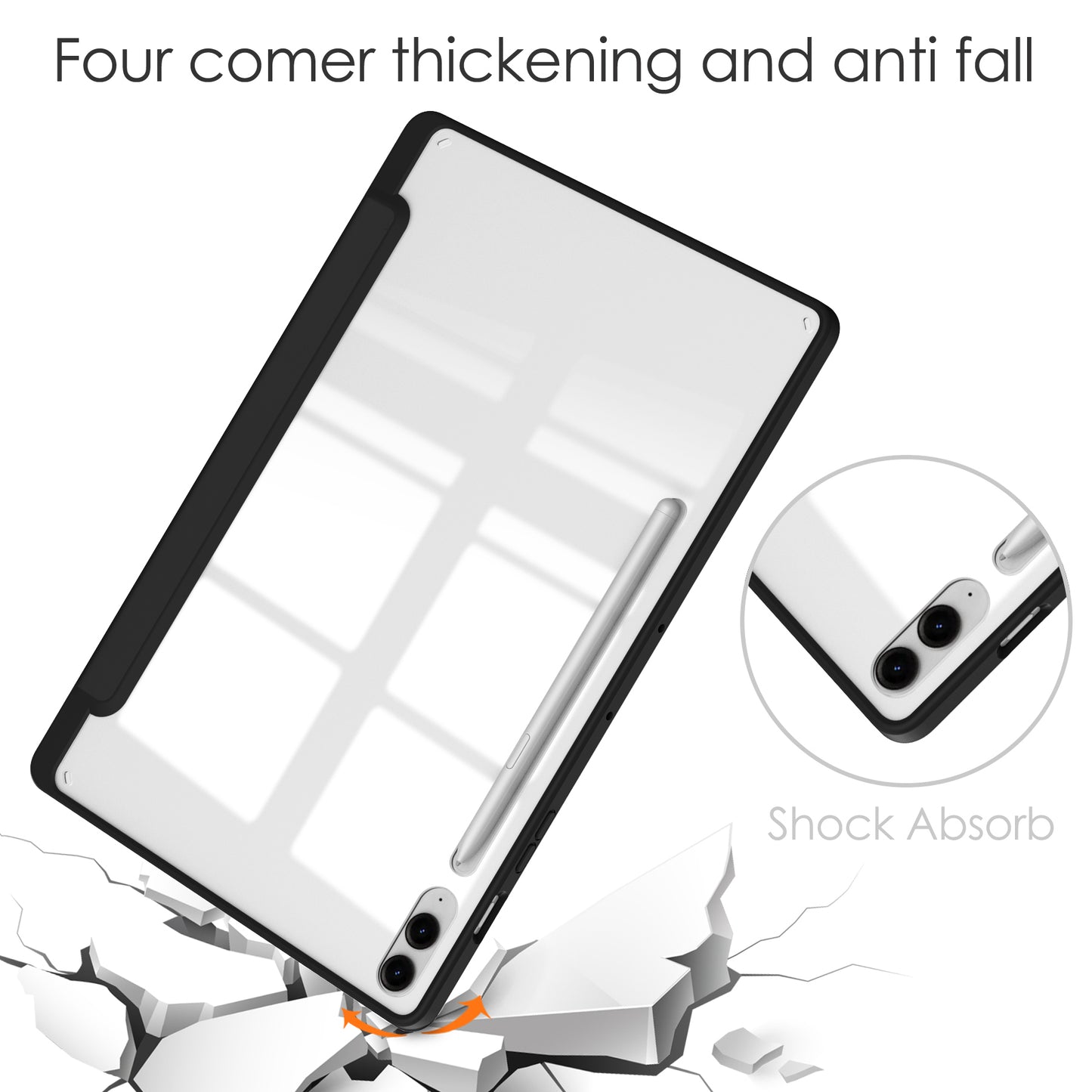 For Samsung Galaxy Tab S9 FE+ Clear Case Pen Slot Tablet Tri-fold Stand Cover - Black
