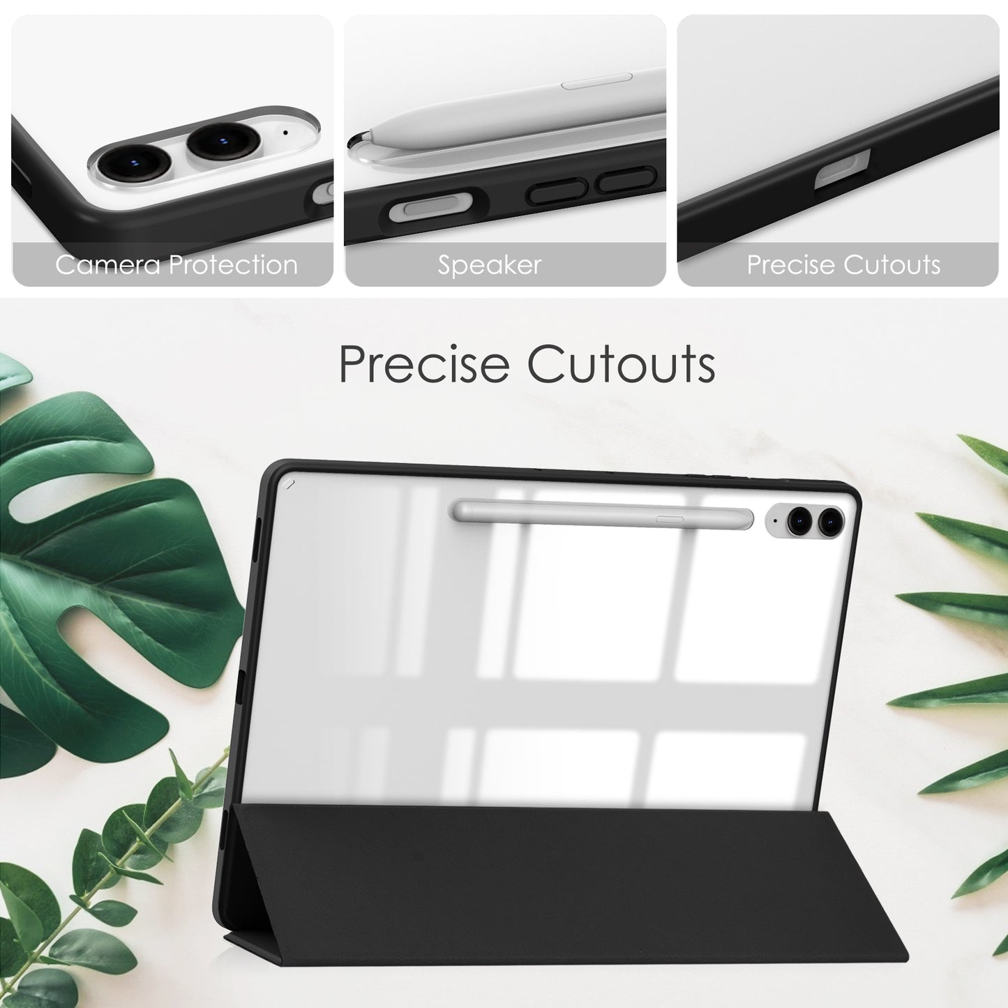 For Samsung Galaxy Tab S9 FE+ Clear Case Pen Slot Tablet Tri-fold Stand Cover - Black