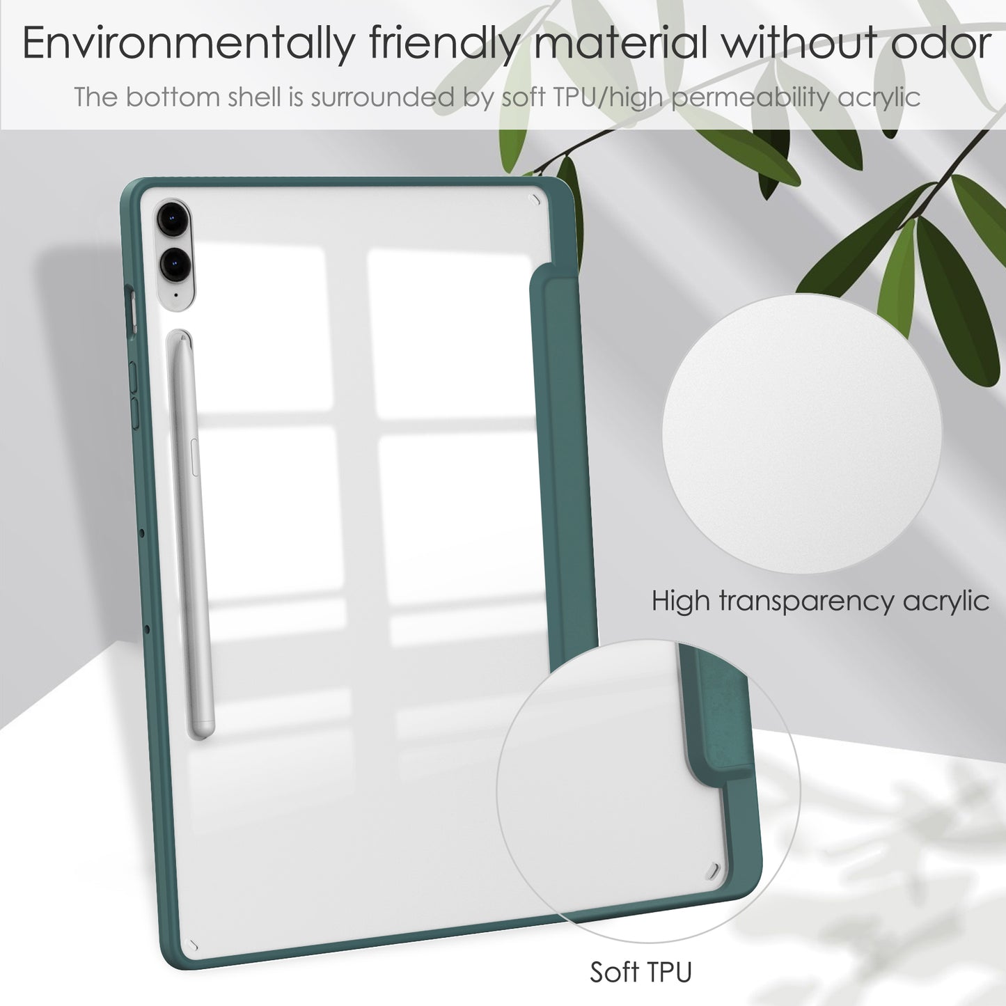 For Samsung Galaxy Tab S9 FE+ Clear Case Pen Slot Tablet Tri-fold Stand Cover - Green