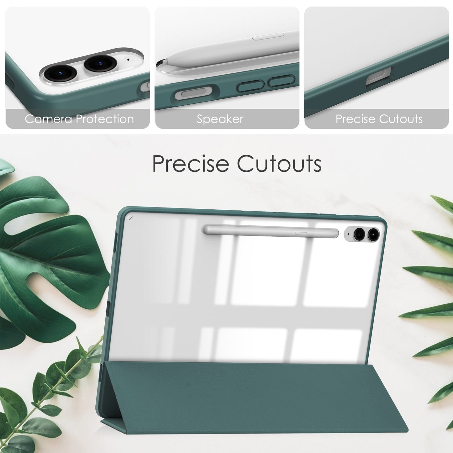 For Samsung Galaxy Tab S9 FE+ Clear Case Pen Slot Tablet Tri-fold Stand Cover - Green