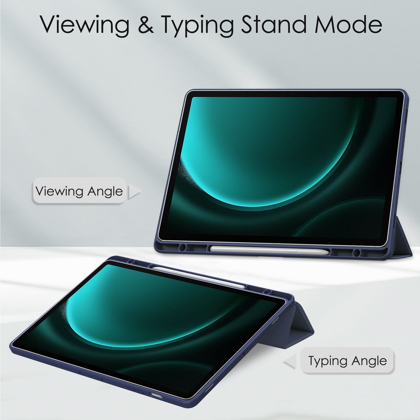 For Samsung Galaxy Tab S9 FE+ Clear Case Pen Slot Tablet Tri-fold Stand Cover - Dark Blue