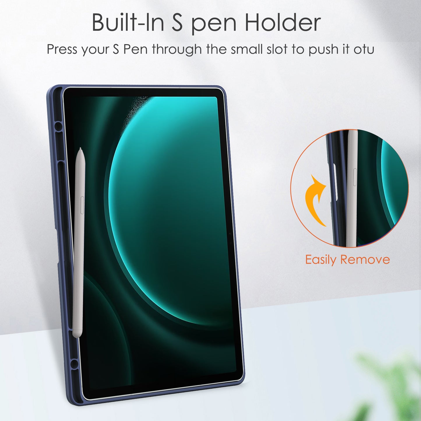 For Samsung Galaxy Tab S9 FE+ Clear Case Pen Slot Tablet Tri-fold Stand Cover - Dark Blue