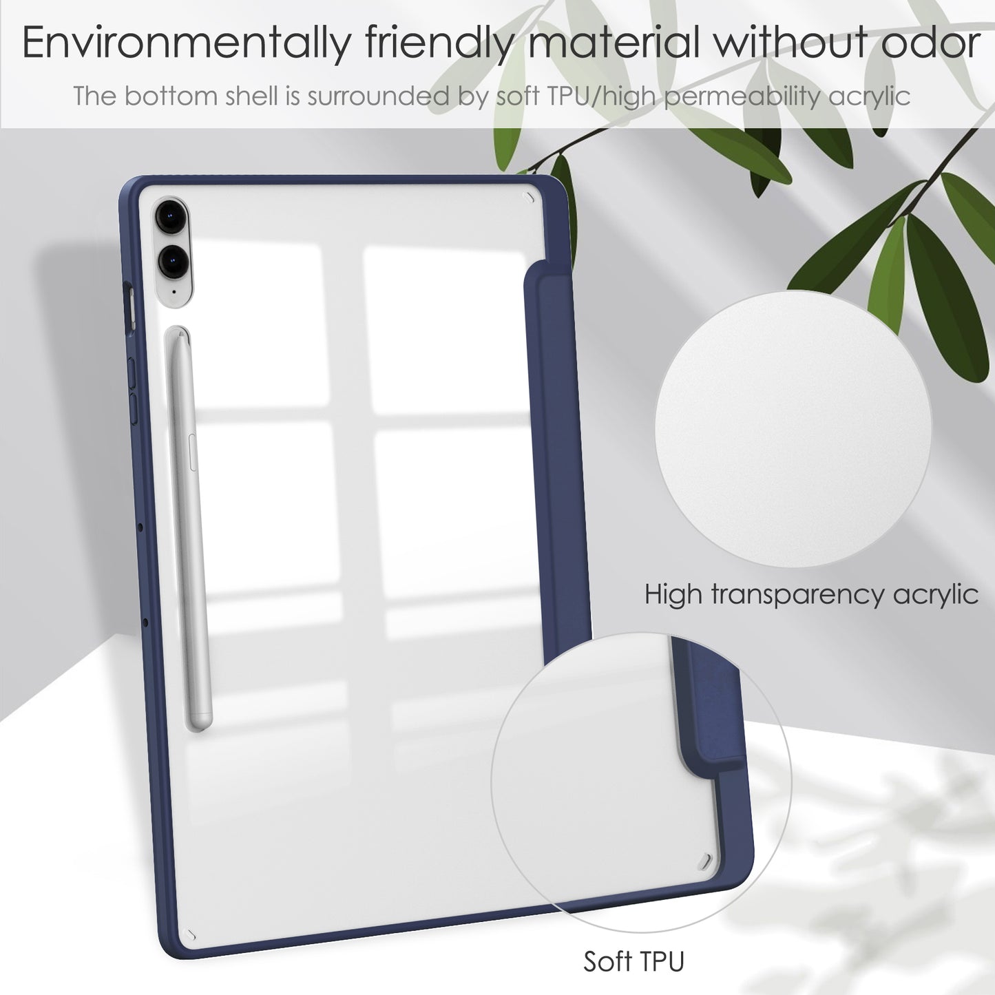 For Samsung Galaxy Tab S9 FE+ Clear Case Pen Slot Tablet Tri-fold Stand Cover - Dark Blue