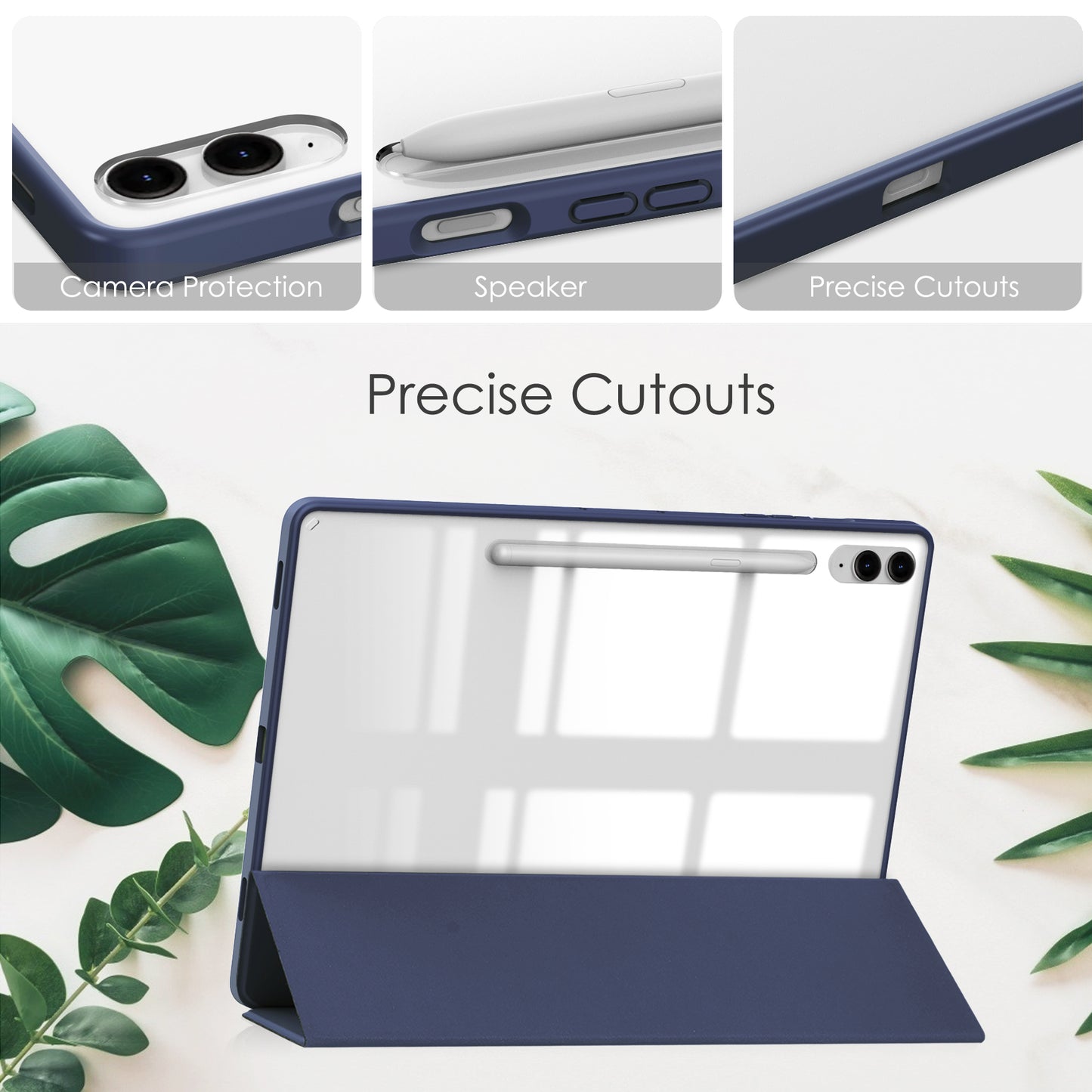For Samsung Galaxy Tab S9 FE+ Clear Case Pen Slot Tablet Tri-fold Stand Cover - Dark Blue